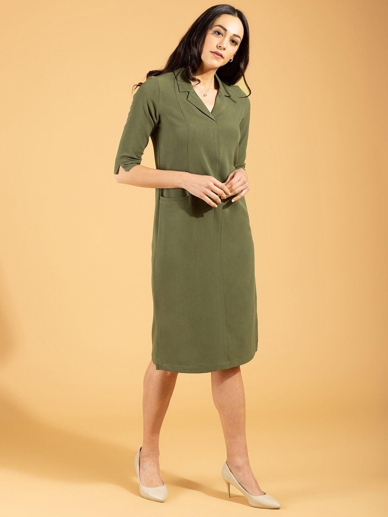 Front Pocket Lapel Dress - Moss Green| Formal Dresses