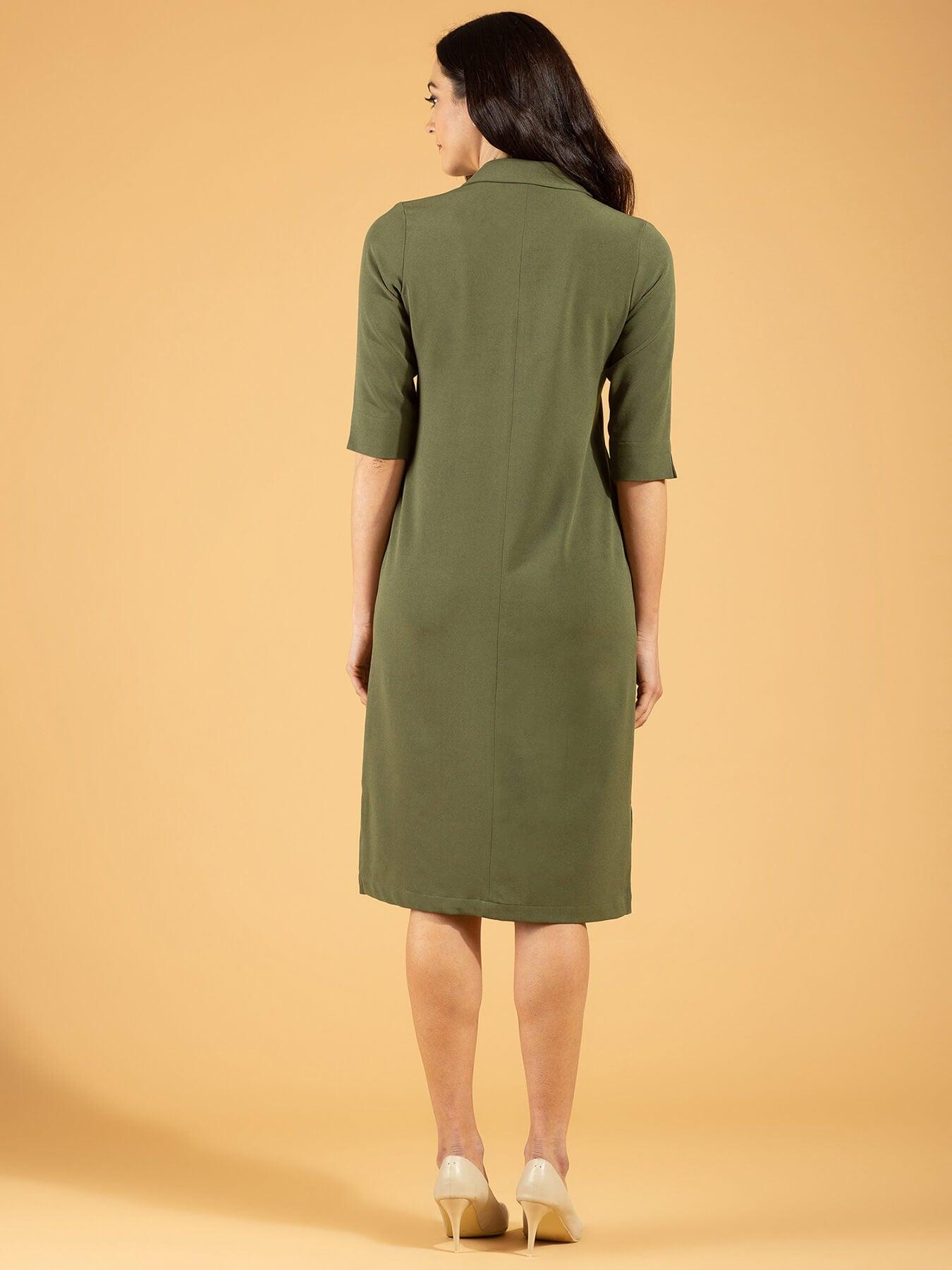 Front Pocket Lapel Dress - Moss Green| Formal Dresses