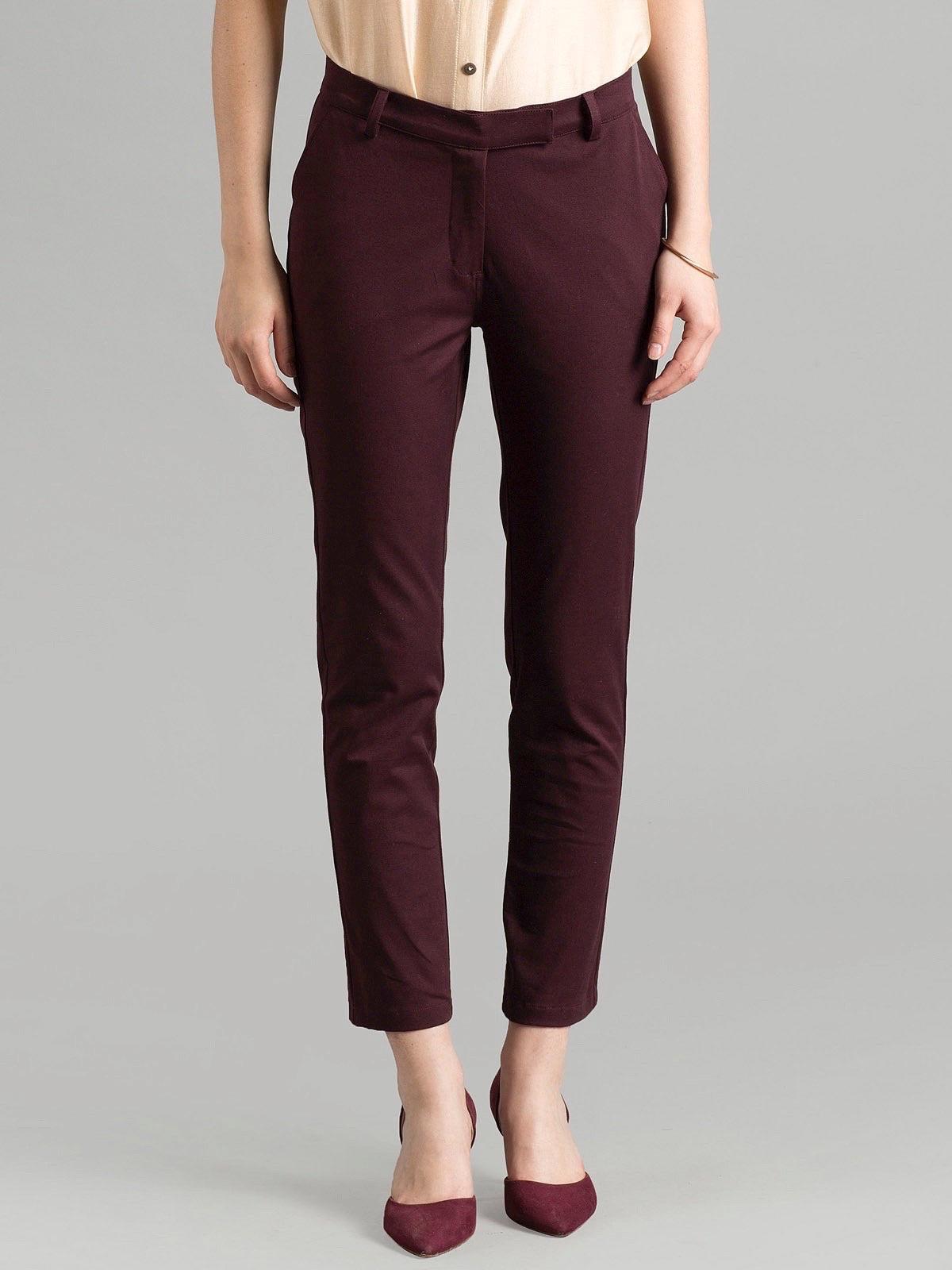 Essential Comfort Crop Pants - Maroon| Formal Trousers