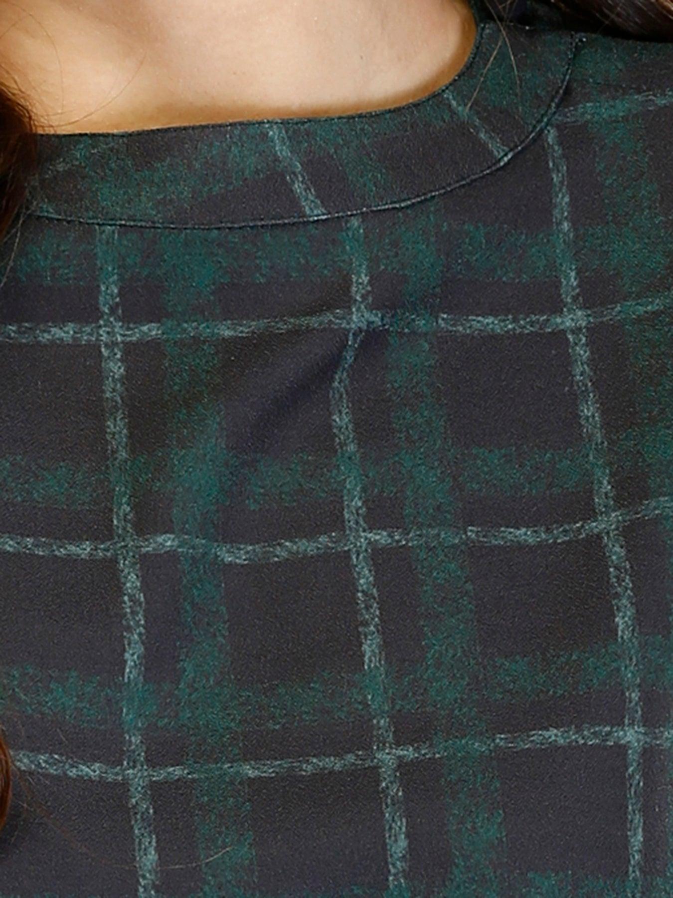 High Round Neck Printed Plaid Top - Black and Green| Formal Tops