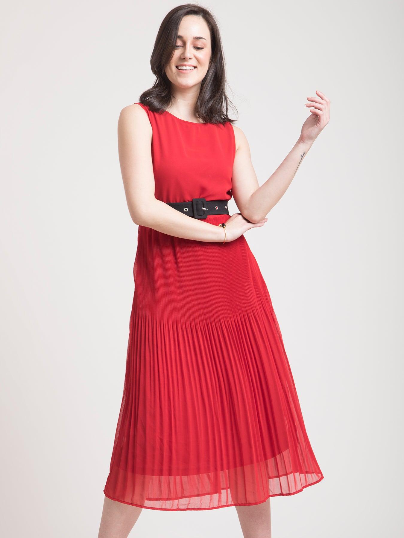 Boat Neck Pleated A Line Dress - Red| Formal Dresses
