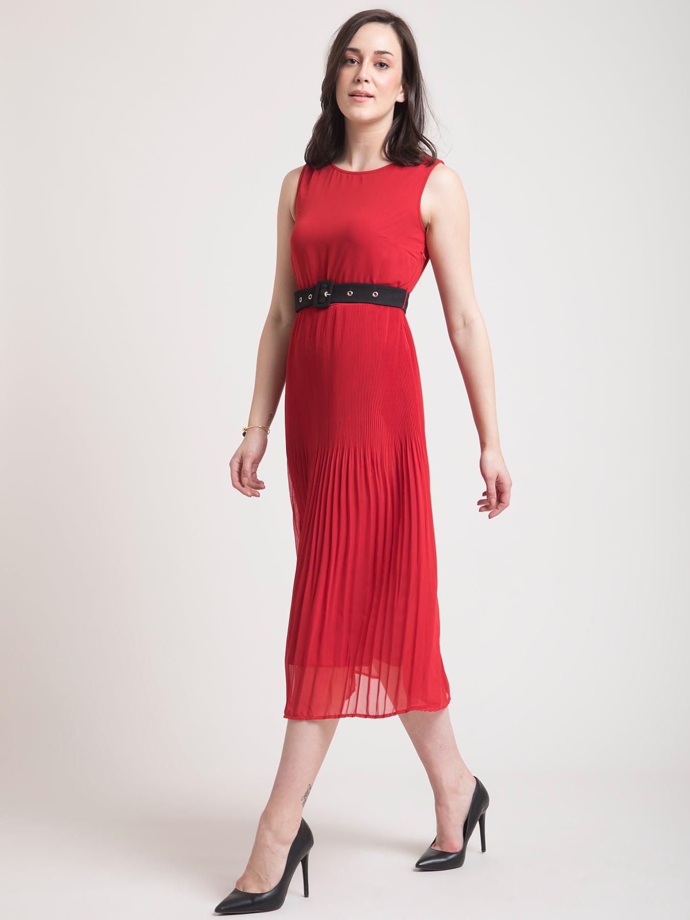 Boat Neck Pleated A Line Dress - Red| Formal Dresses