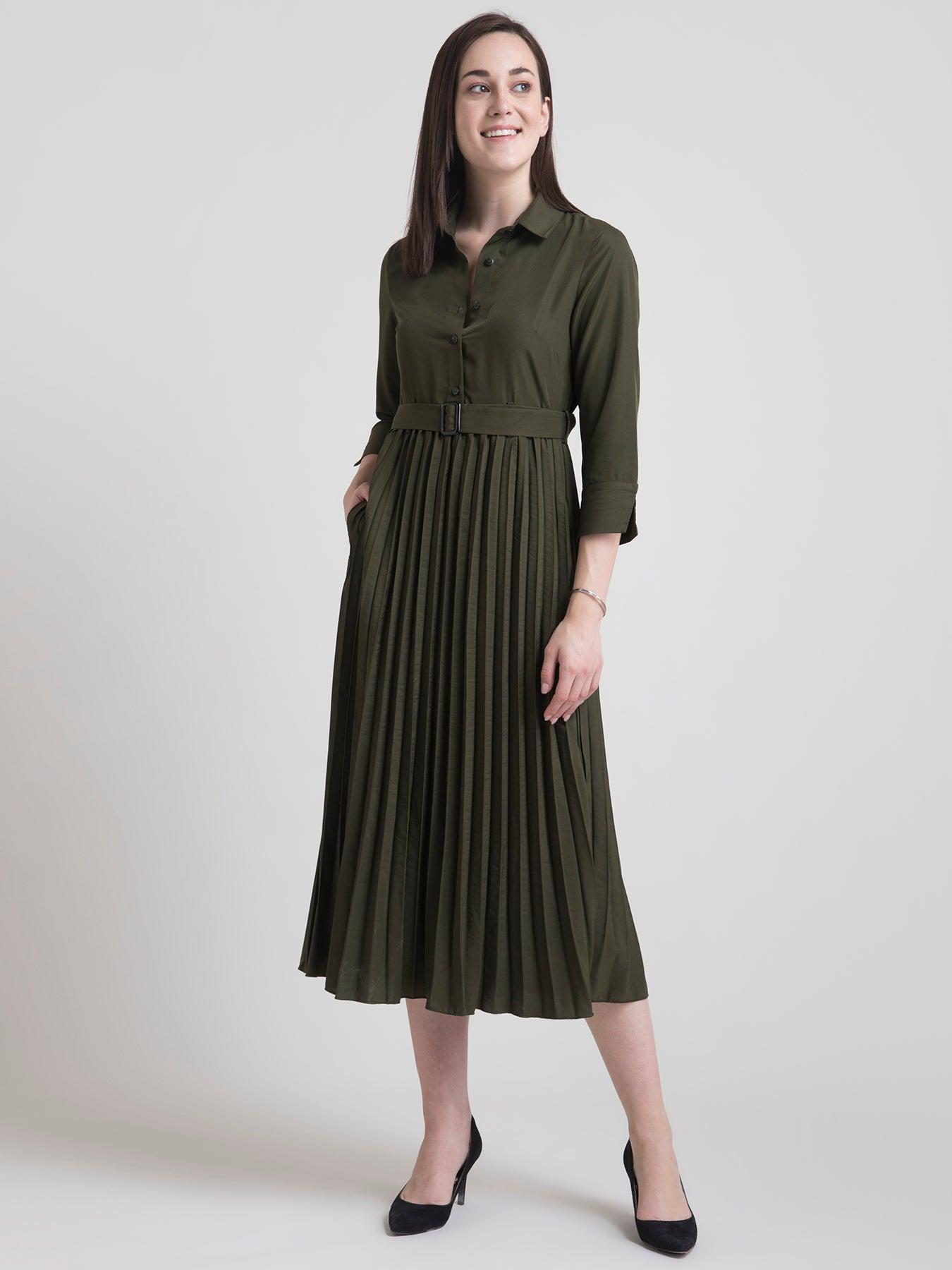 Collared Pleated Fit and Flare Dress - Olive| Formal Dresses