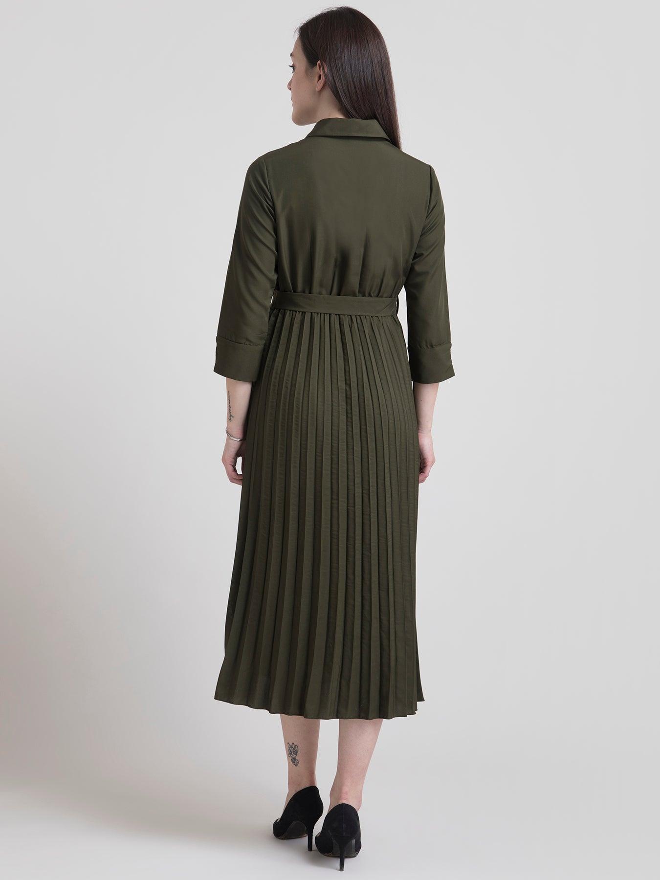 Collared Pleated Fit and Flare Dress - Olive| Formal Dresses