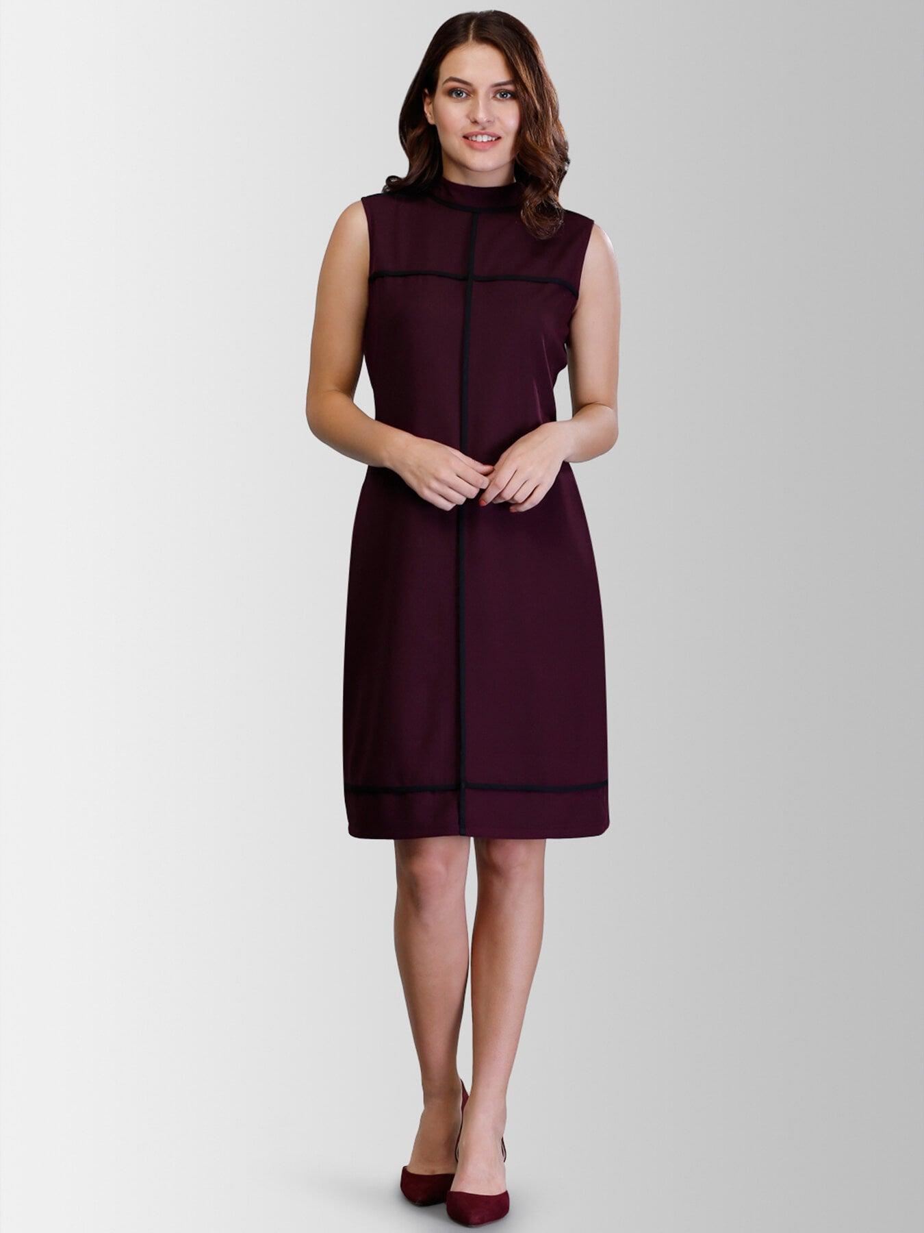 High Neck Piping Detail Shift Dress - Maroon| Formal Dresses