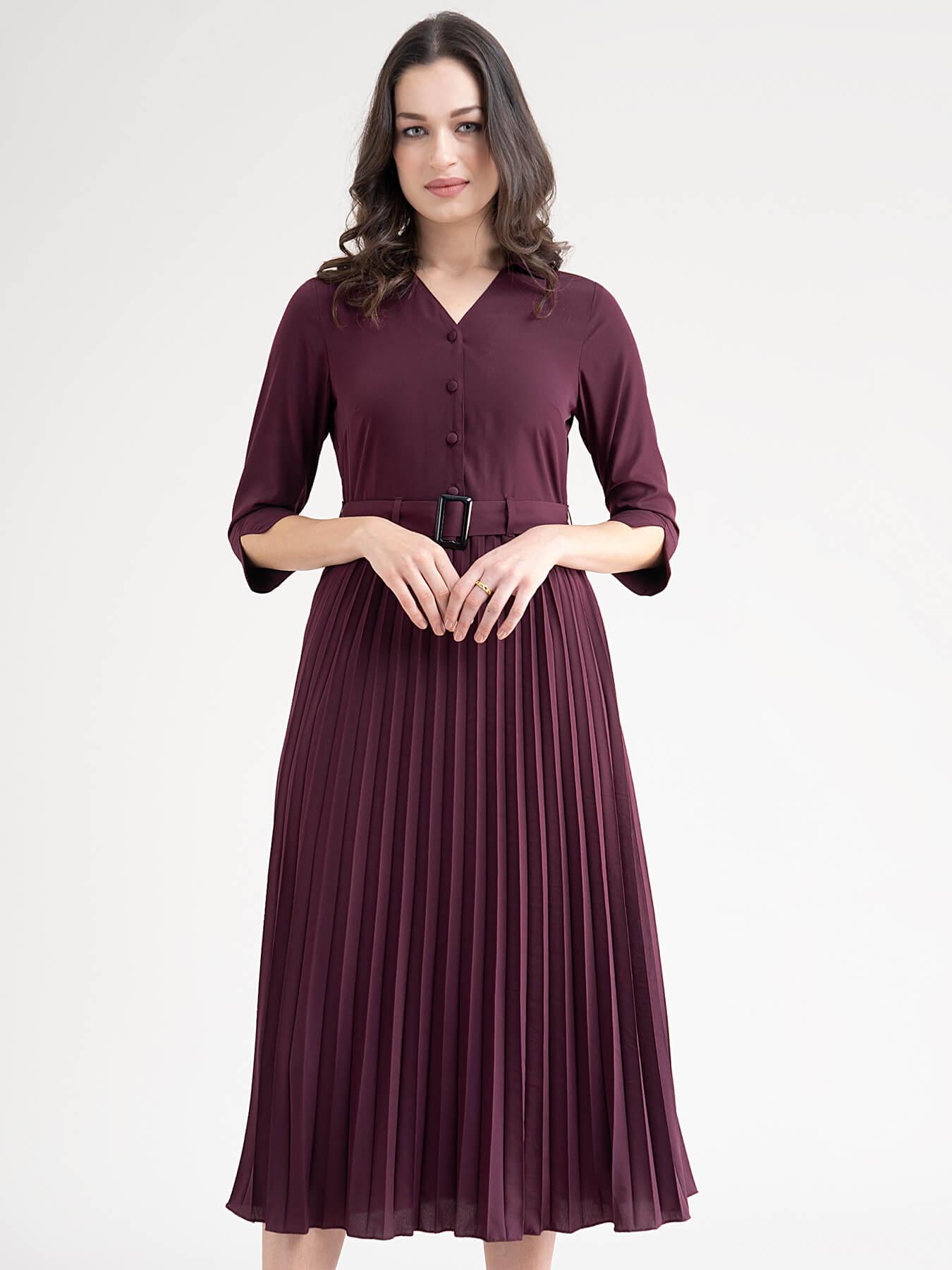 Collared A Line Pleated Dress - Maroon| Formal Dresses