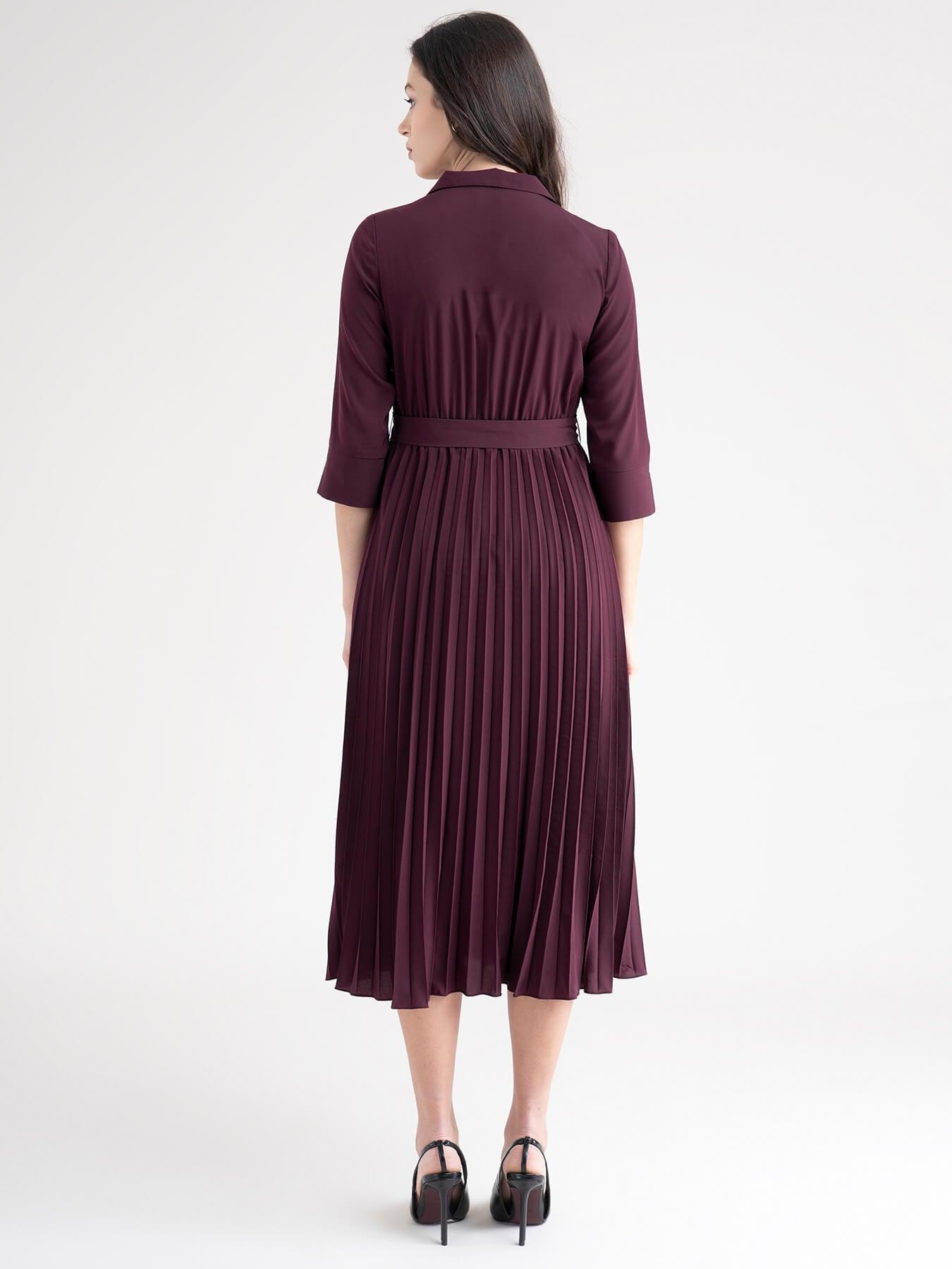 Collared A Line Pleated Dress - Maroon| Formal Dresses