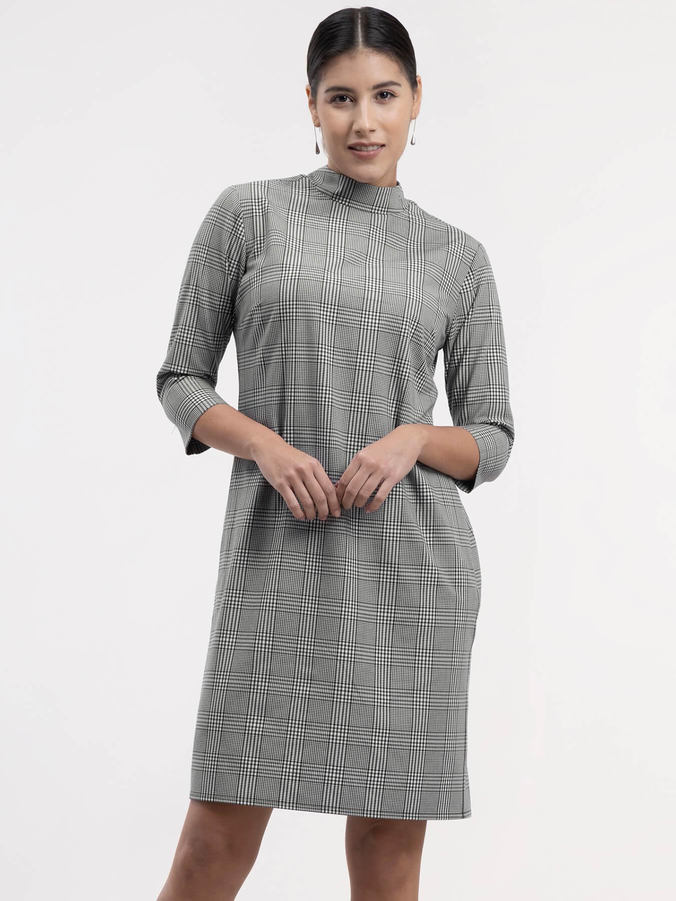 Cotton Checkered Shift Dress - Black and White| Formal Dresses