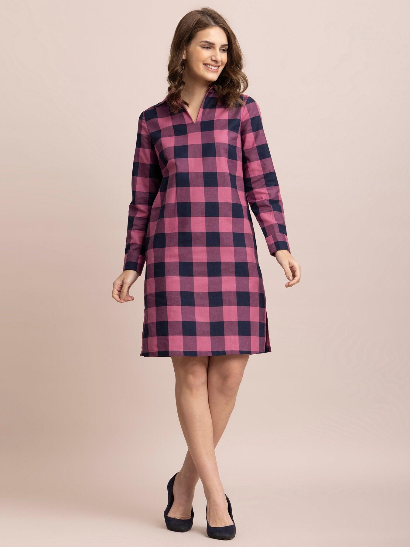 Cotton Checkered Shift Dress - Pink and Navy| Formal Dresses