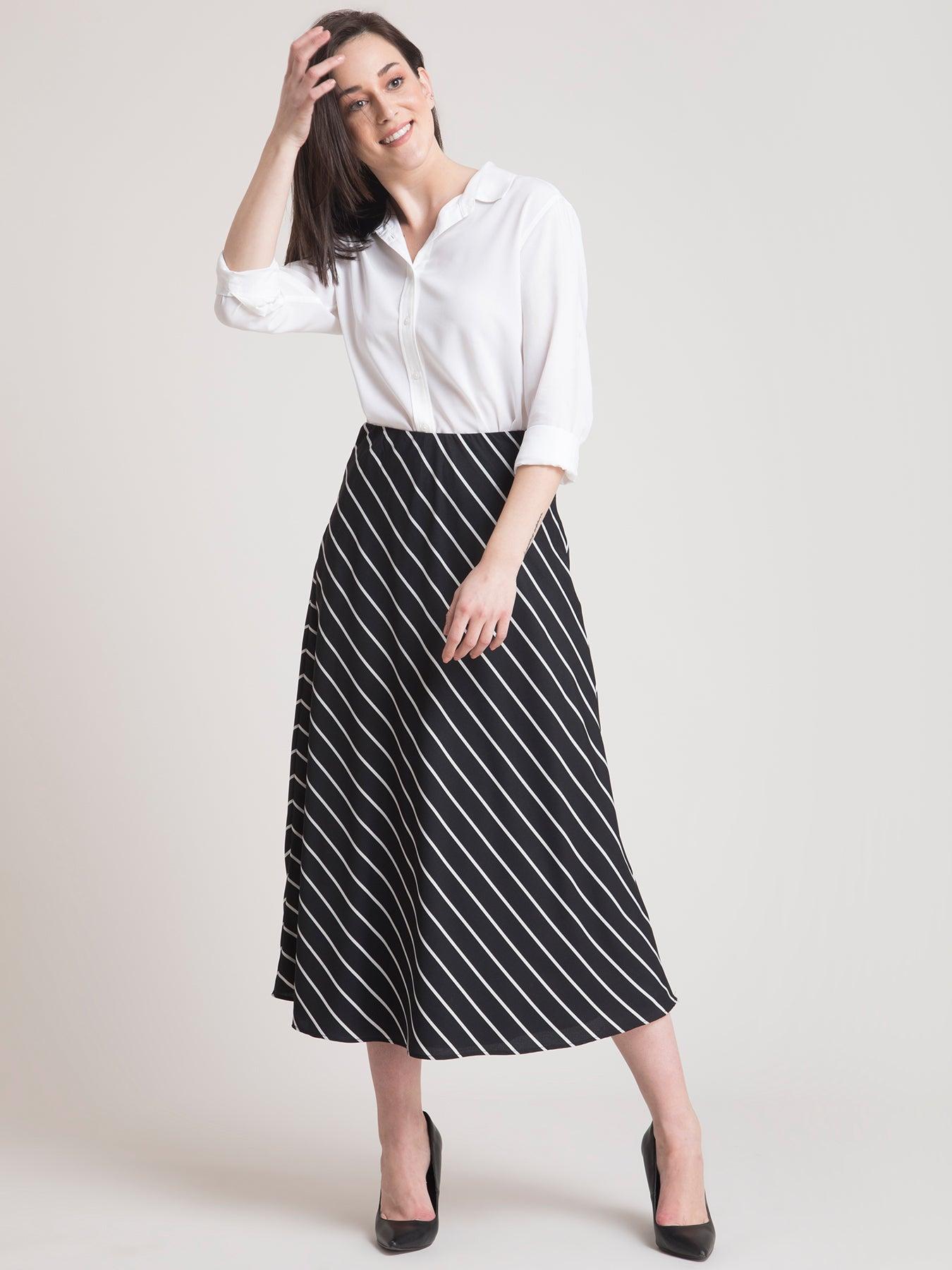 Elasticated Striped A Line Skirt - Black and White| Formal Skirts