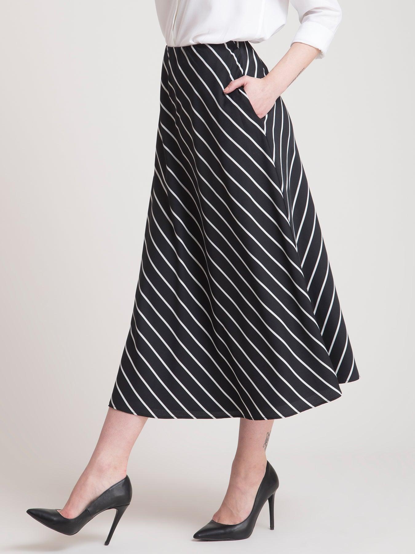 Elasticated Striped A Line Skirt - Black and White| Formal Skirts