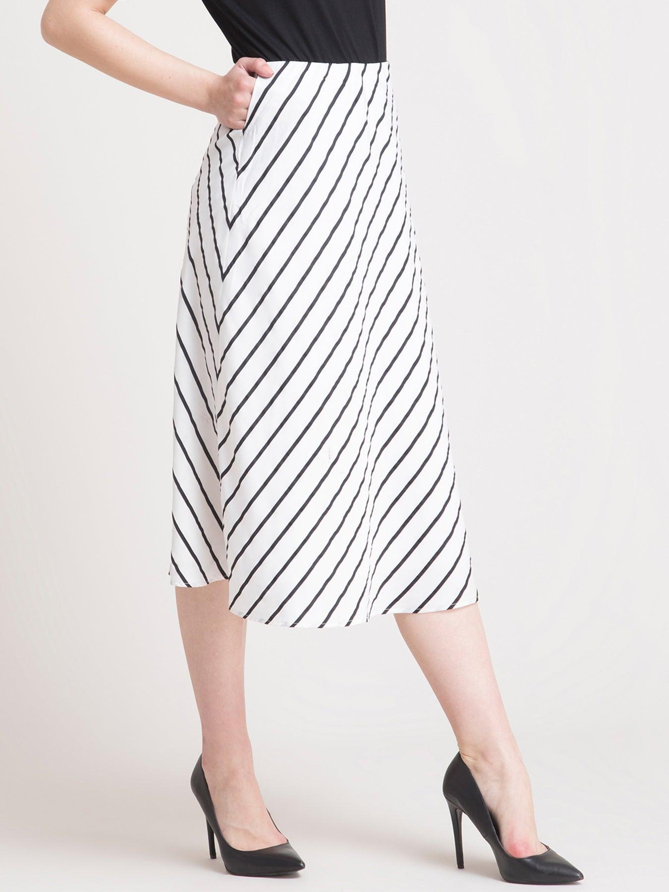 Elasticated Striped A Line Skirt - White and Black| Formal Skirts