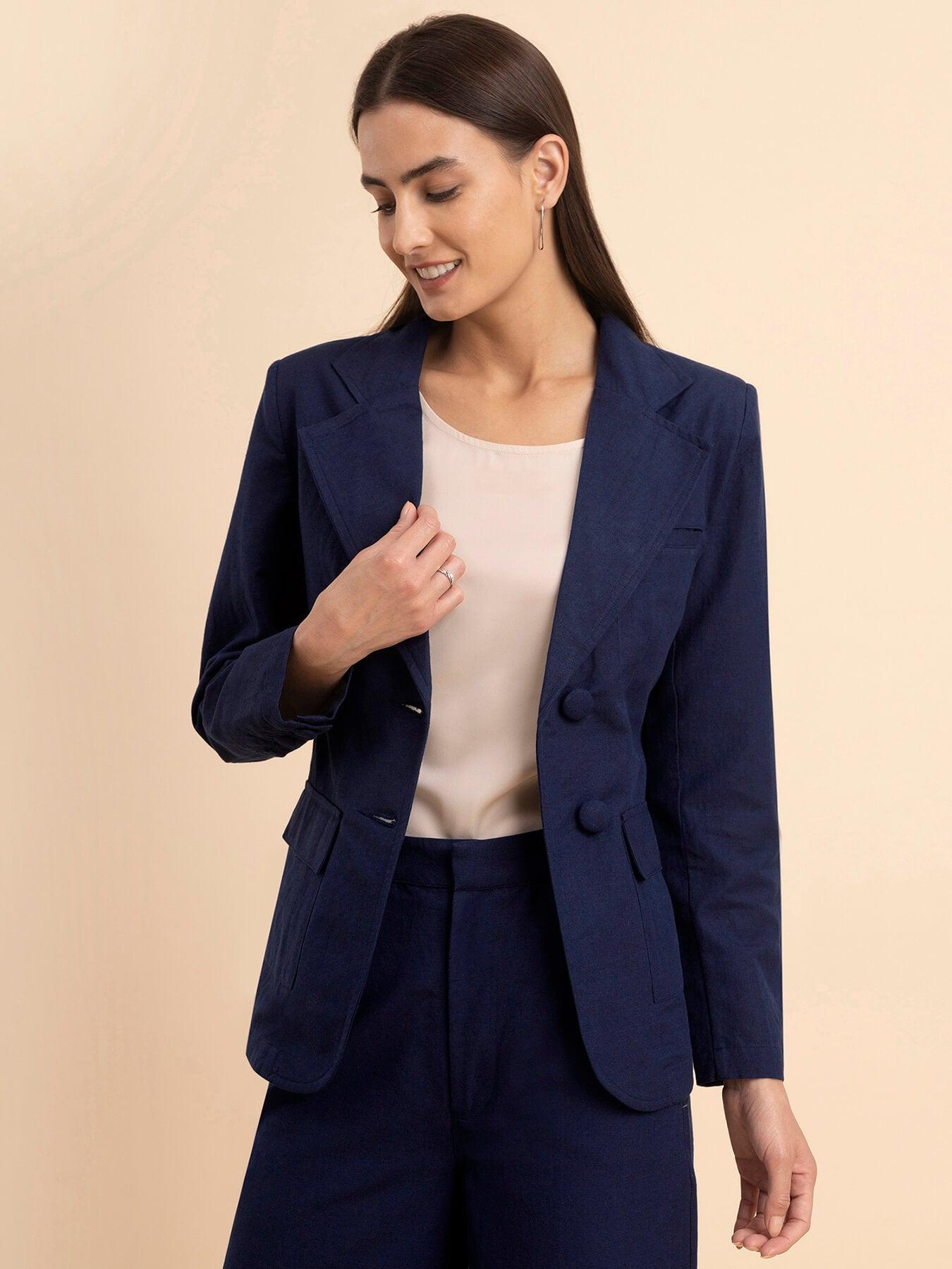 Linen Notch Lapel Collar Blazer - Navy Blue| Formal Jackets