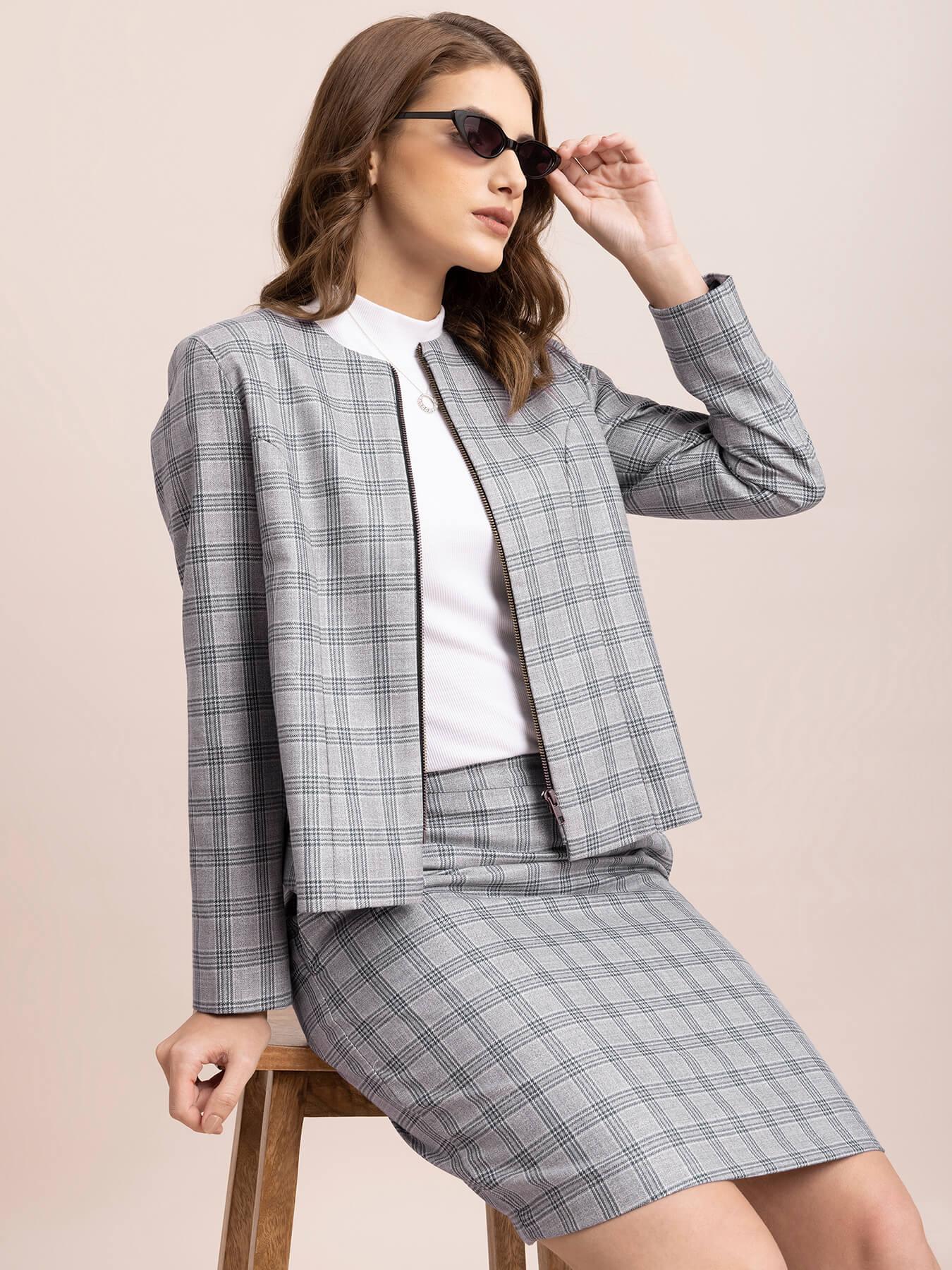 Checkered Round Neck Jacket - Grey| Formal Jackets