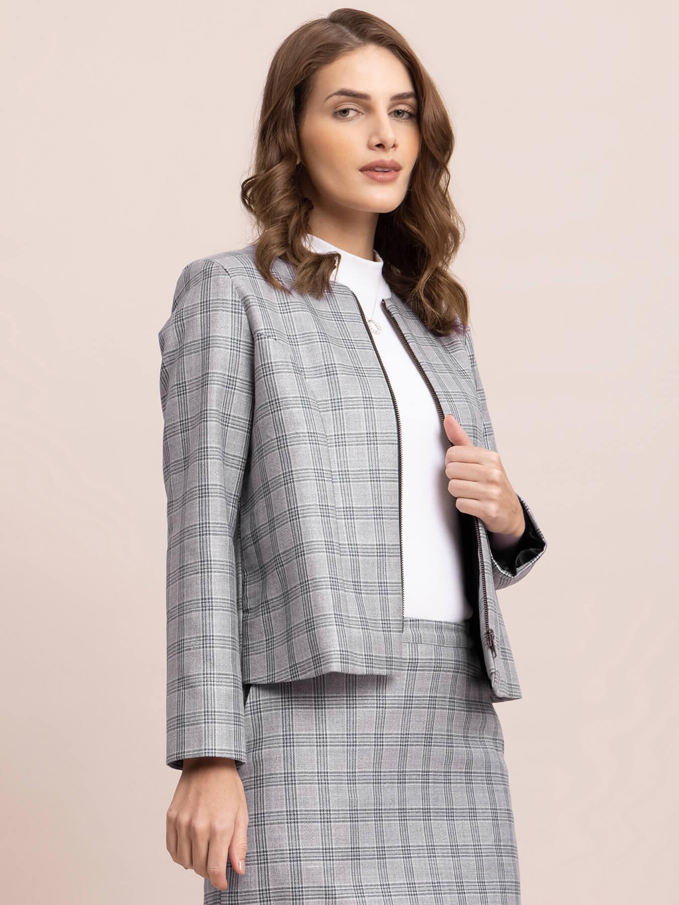 Checkered Round Neck Jacket - Grey| Formal Jackets
