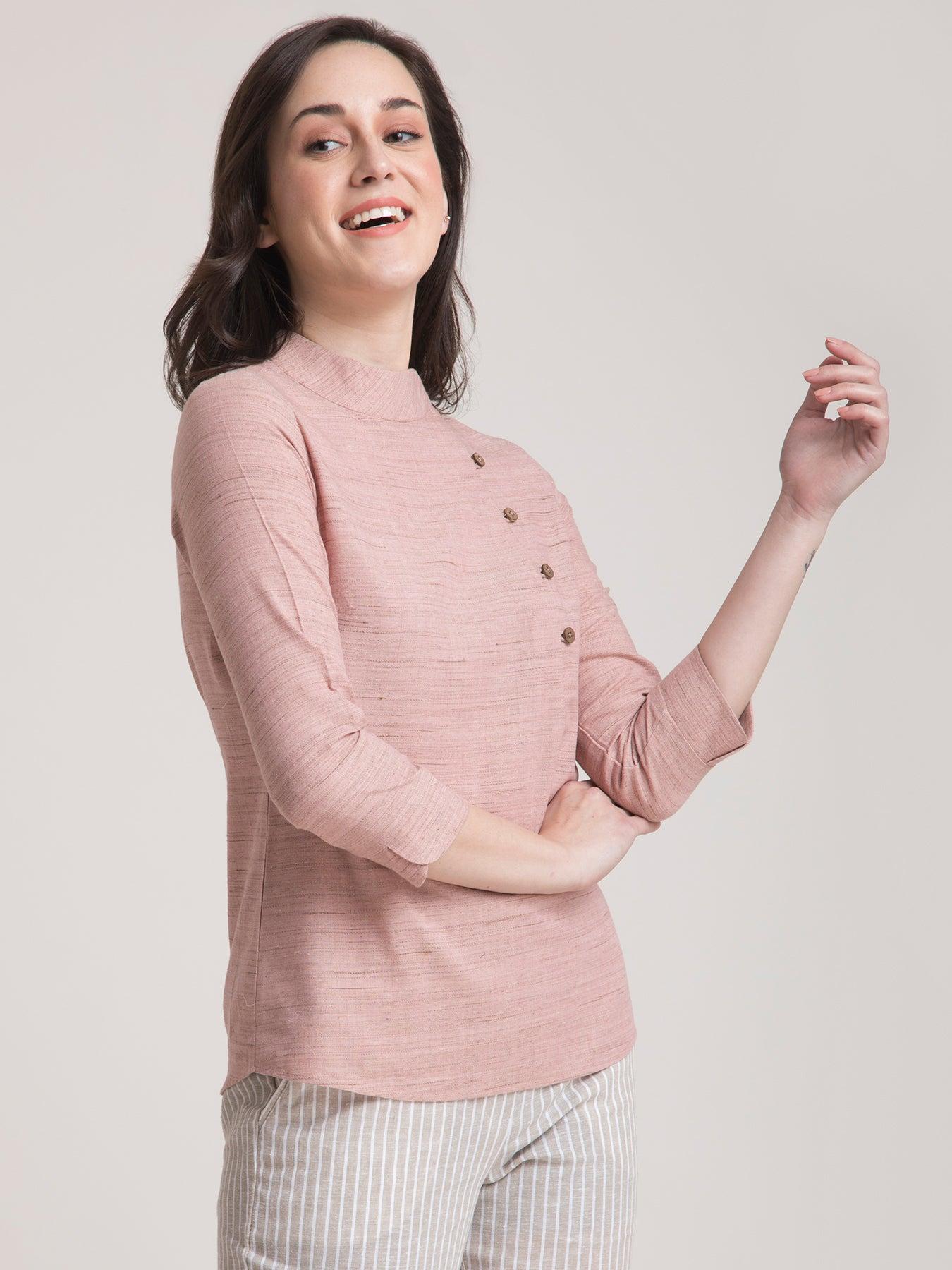 Cotton Yarn Dyed Mandarin Collar Button Detail Top - Dusty Pink| Formal Tops
