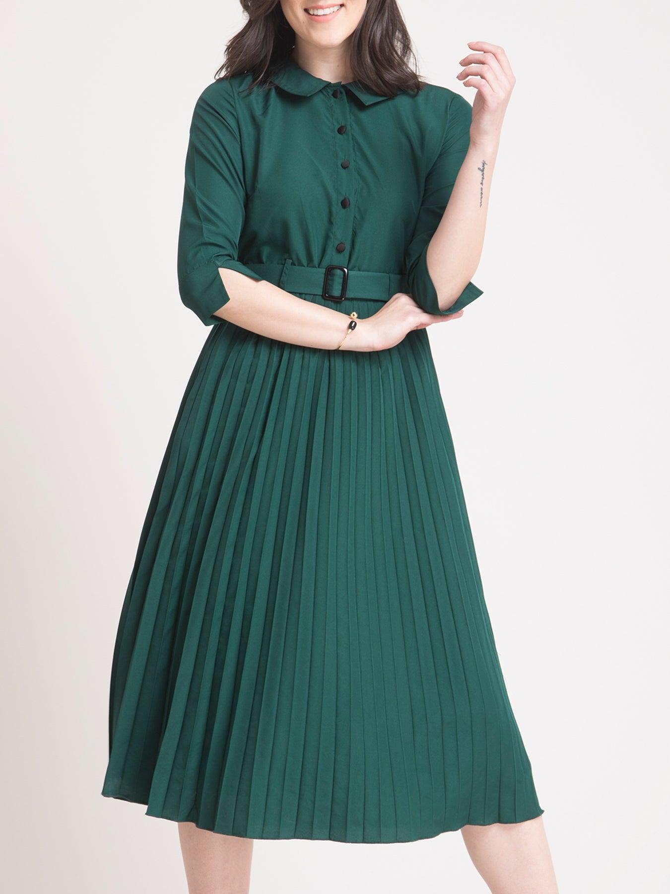 Peter Pan Collar Pleated A Line Dress - Green| Formal Dresses