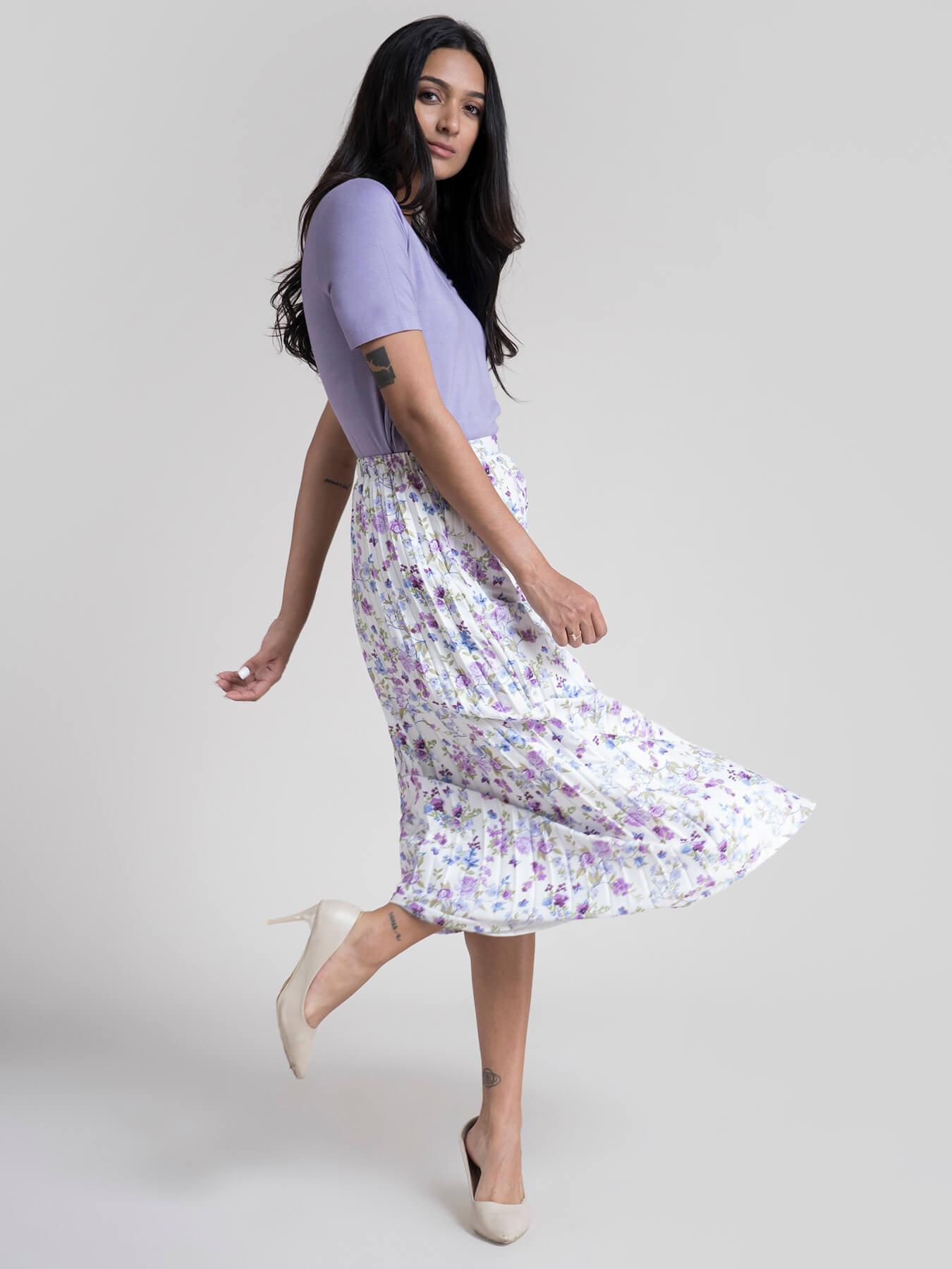 Pleated Flared Floral Midi Skirt - Lilac| Formal Skirts