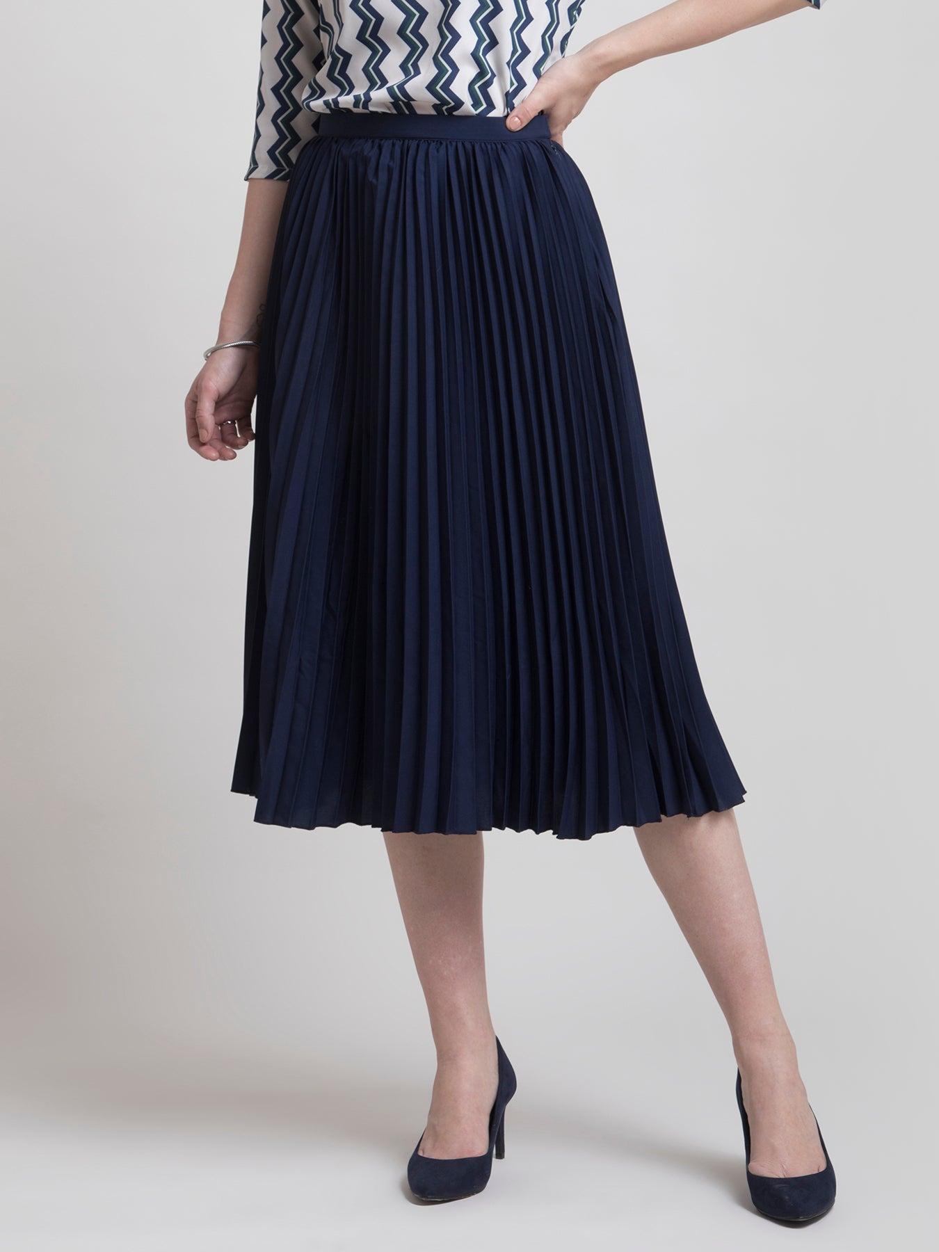 Pleated Flared Midi Skirt - Navy| Formal Skirts