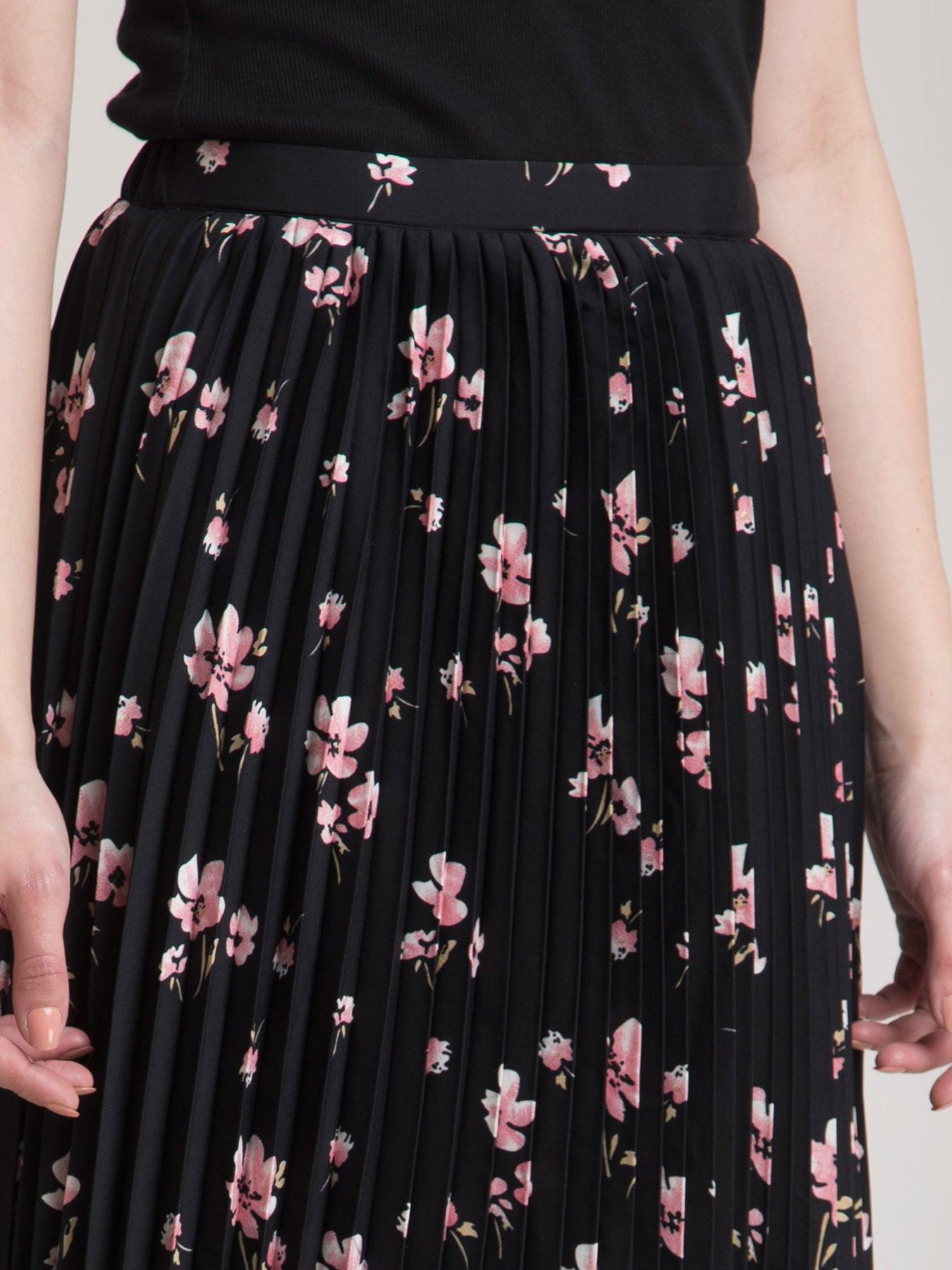Pleated Flared Floral Midi Skirt - Black| Formal Skirts