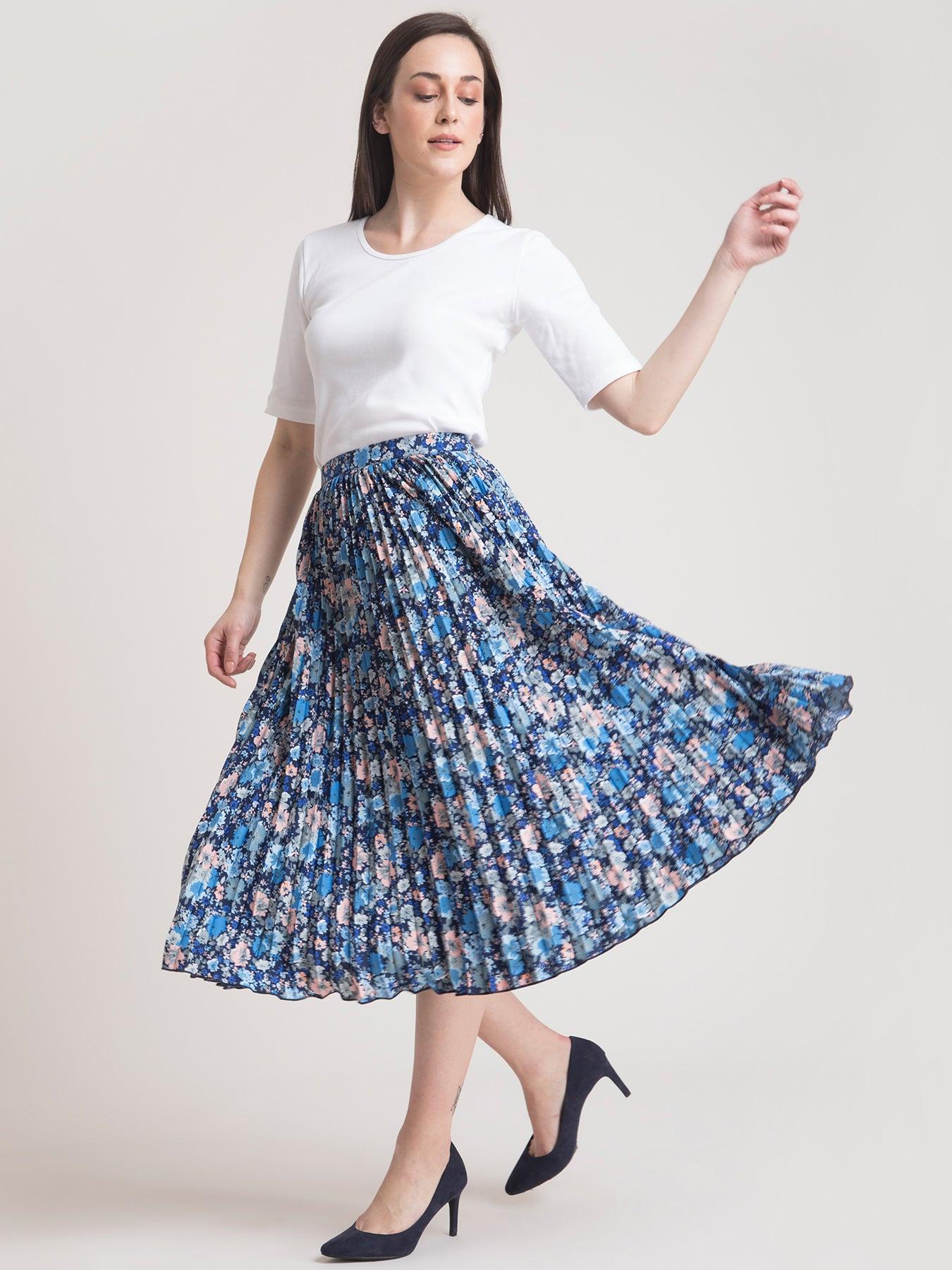 Pleated Flared Floral Midi Skirt - Blue| Formal Skirts