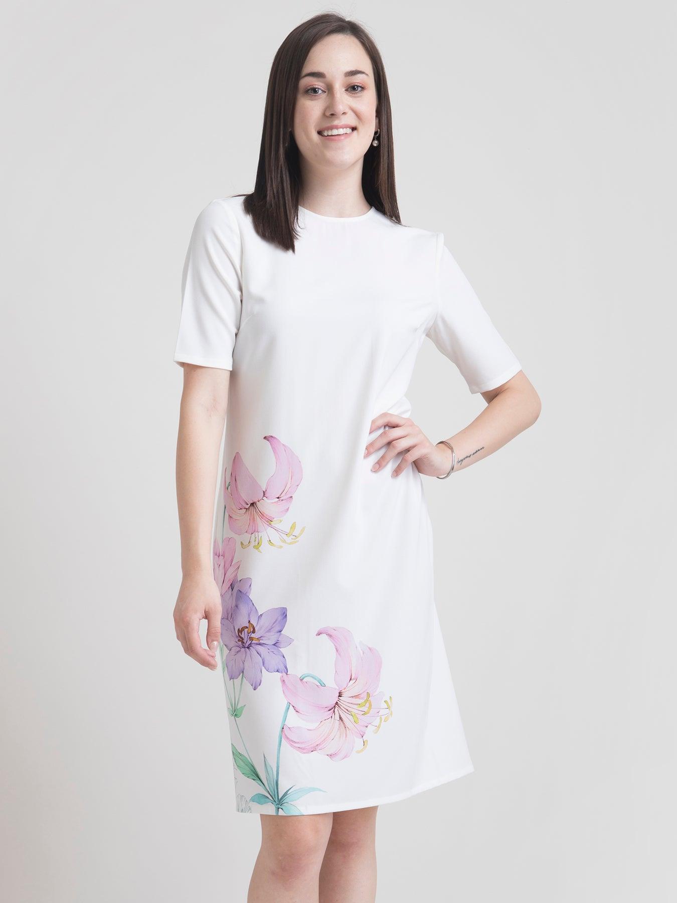Round Neck Watercolour Floral Shift Dress - White| Formal Dresses