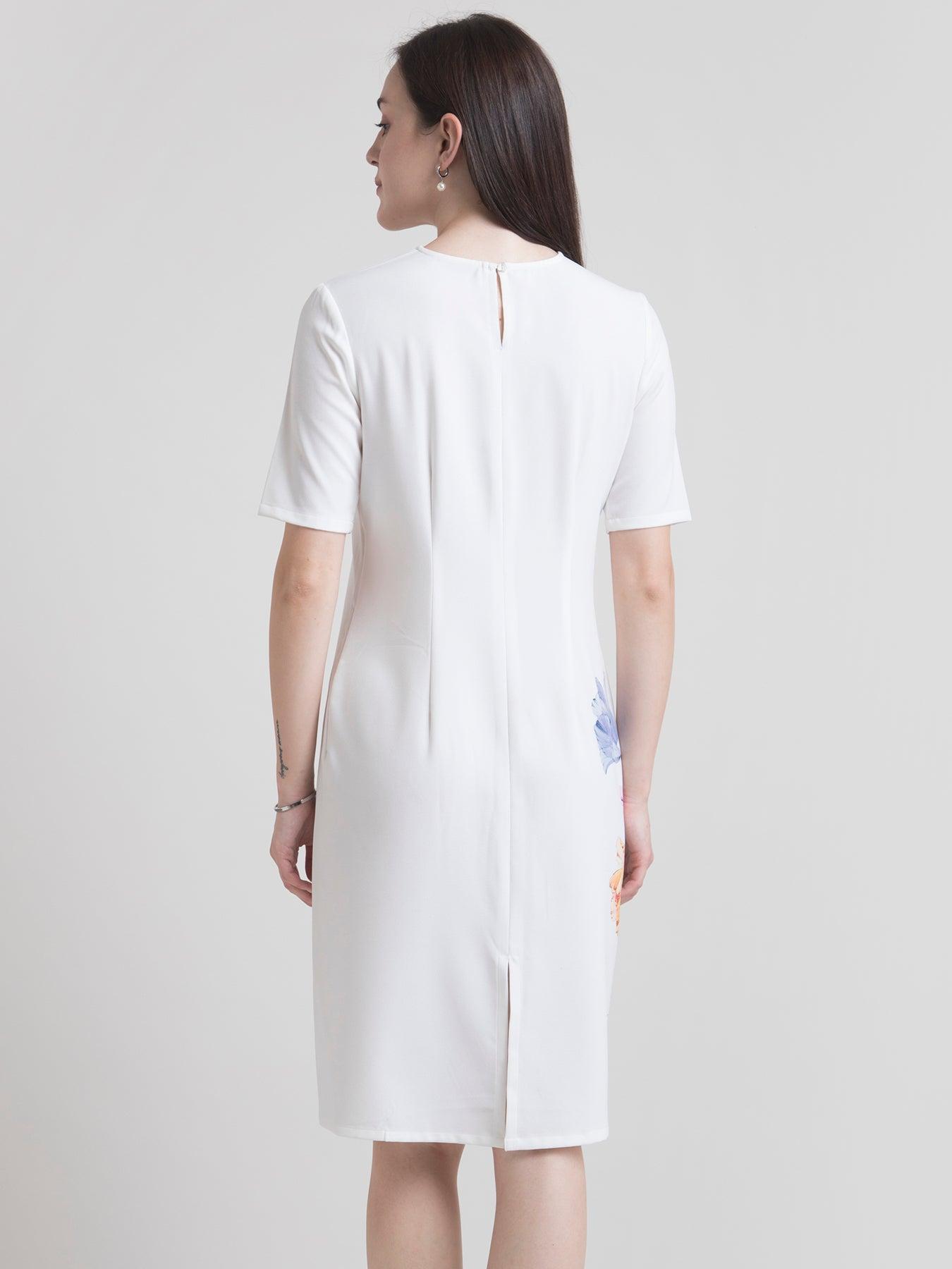 Round Neck Watercolour Floral Shift Dress - White| Formal Dresses