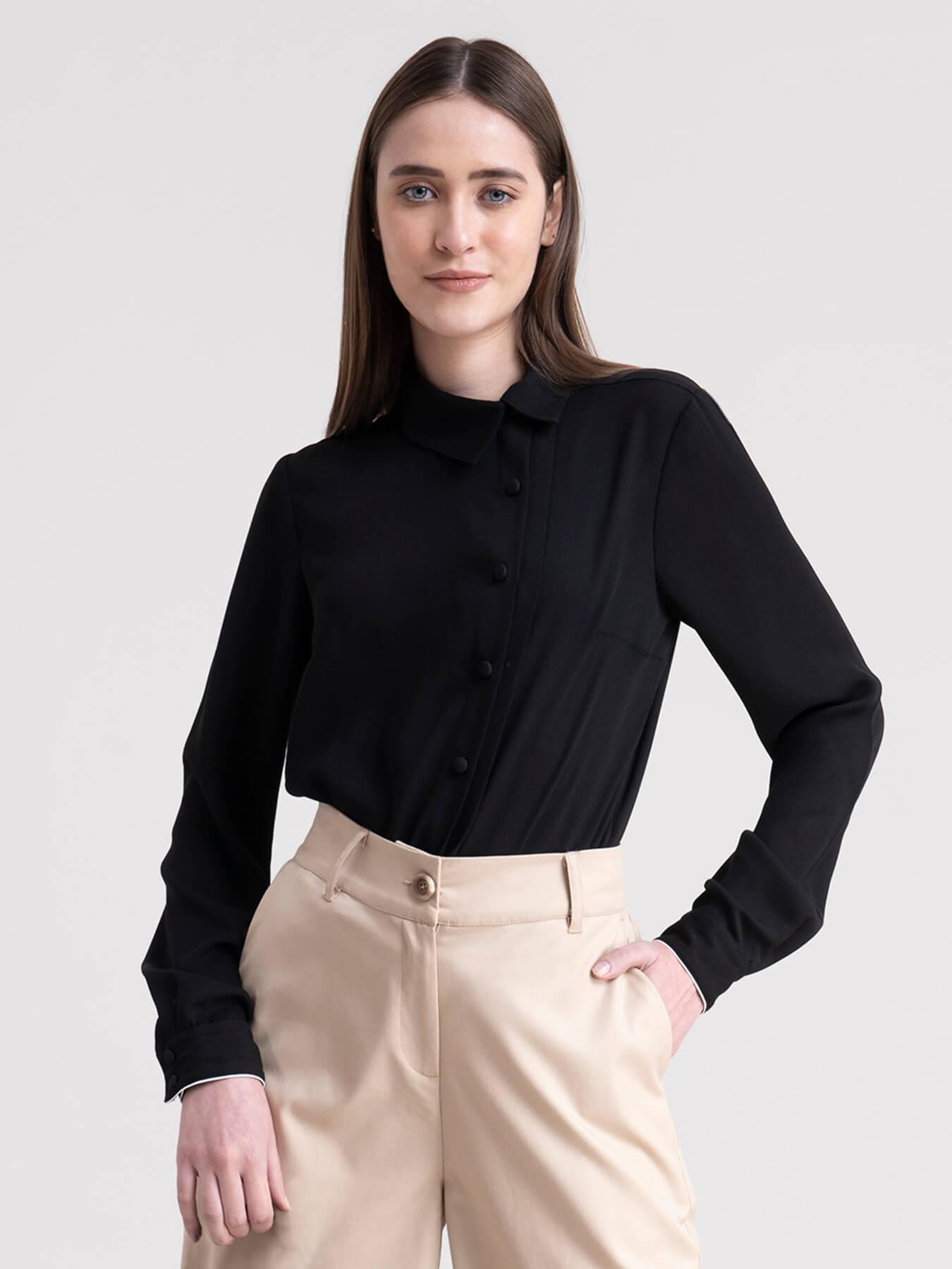Pleat Detail Button Down Collar Shirt - Black| Formal Shirts