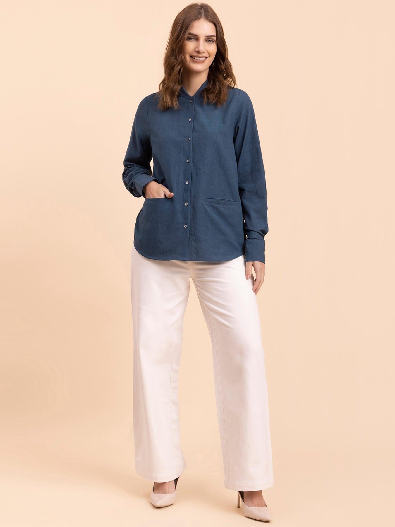 Linen Rib Collar Shirt - Blue| Formal Shirts