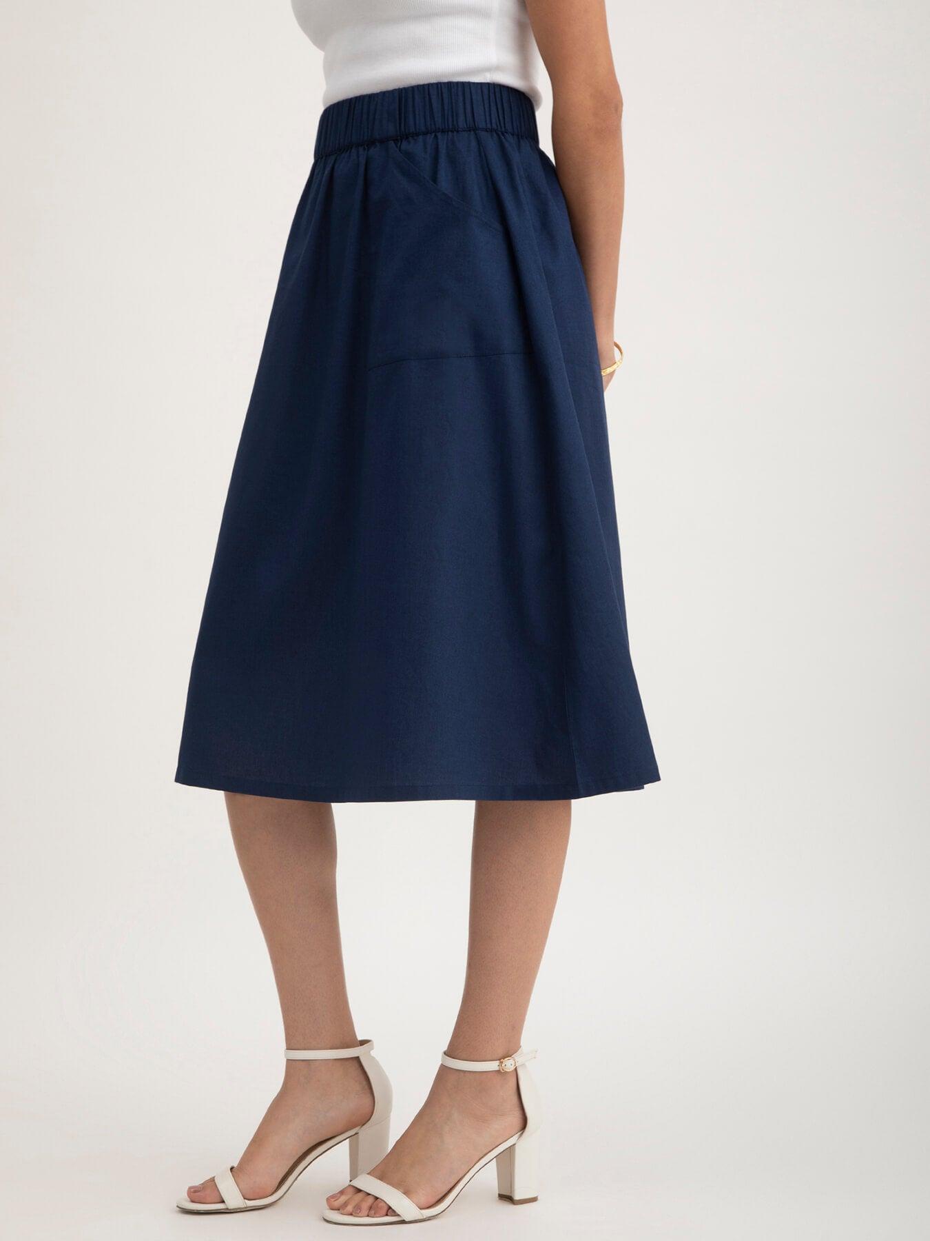 Linen Elasticated Belt Midi Skirt - Navy Blue| Formal Skirts