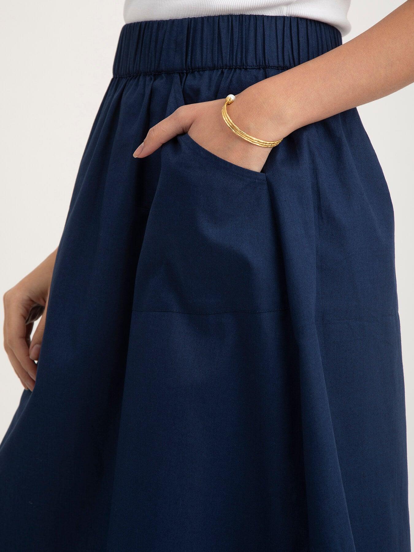 Linen Elasticated Belt Midi Skirt - Navy Blue| Formal Skirts