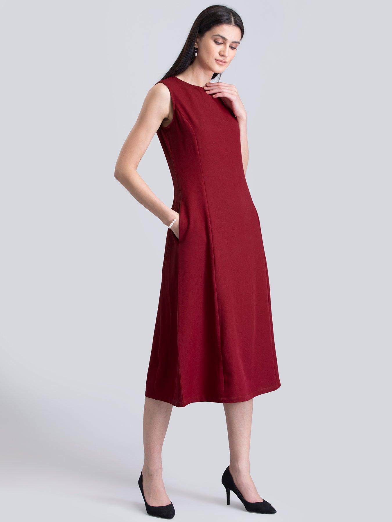 Stylised Neck A Line Dress - Red| Formal Dresses