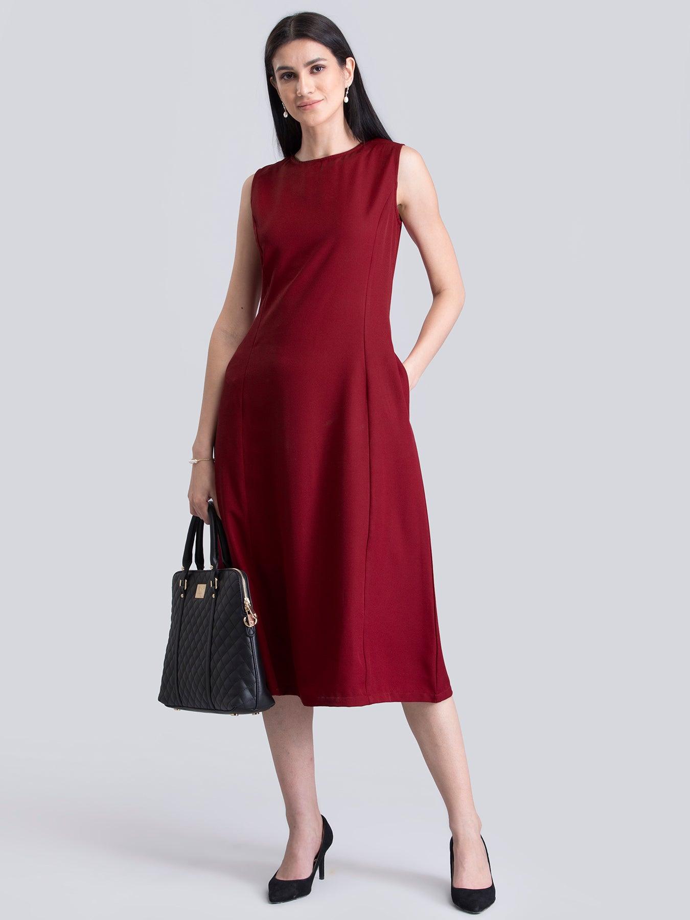 Stylised Neck A Line Dress - Red| Formal Dresses