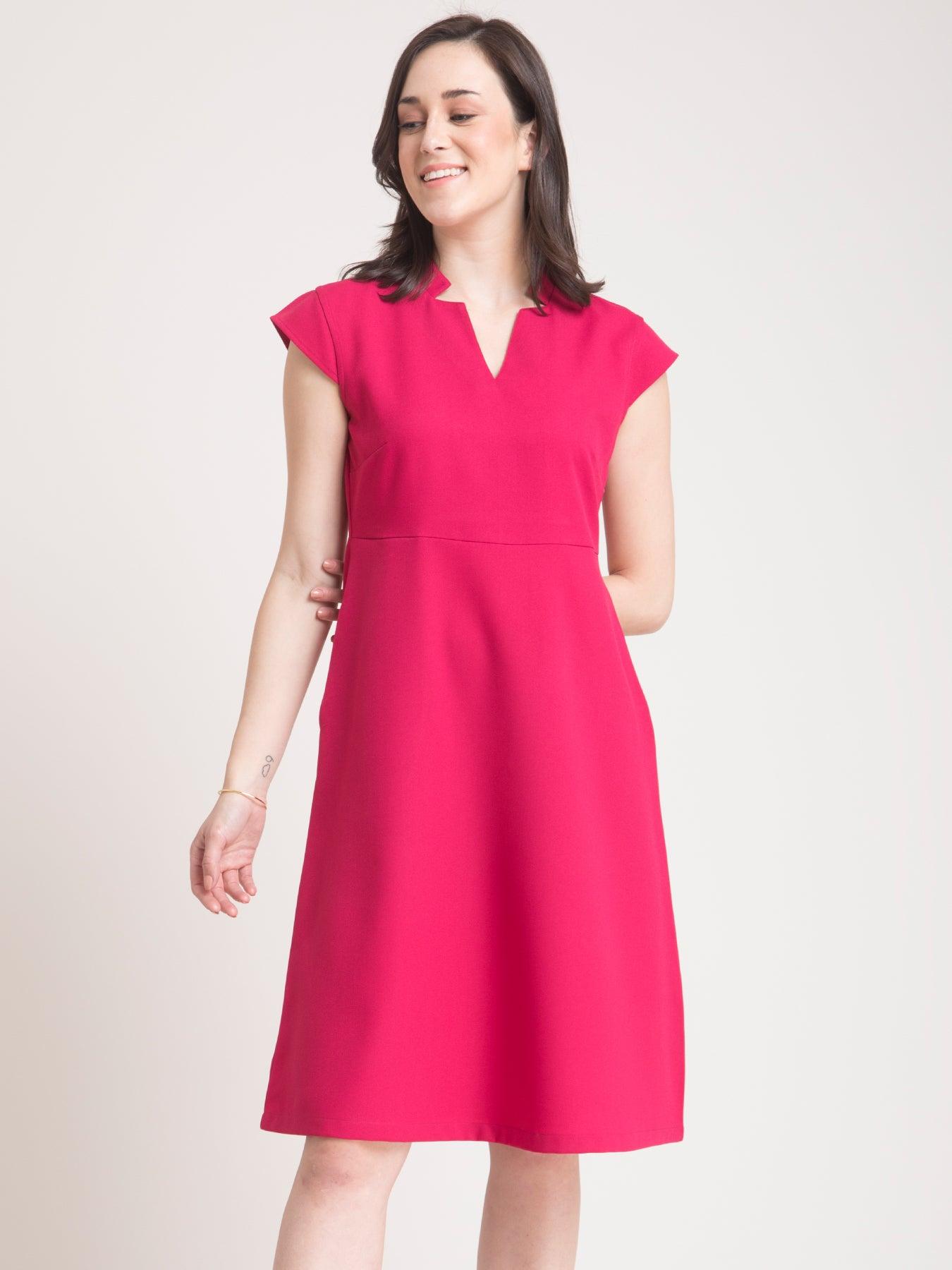 Stylised Neck Belted Fit and Flare Dress - Fuchsia Pink| Formal Dresses