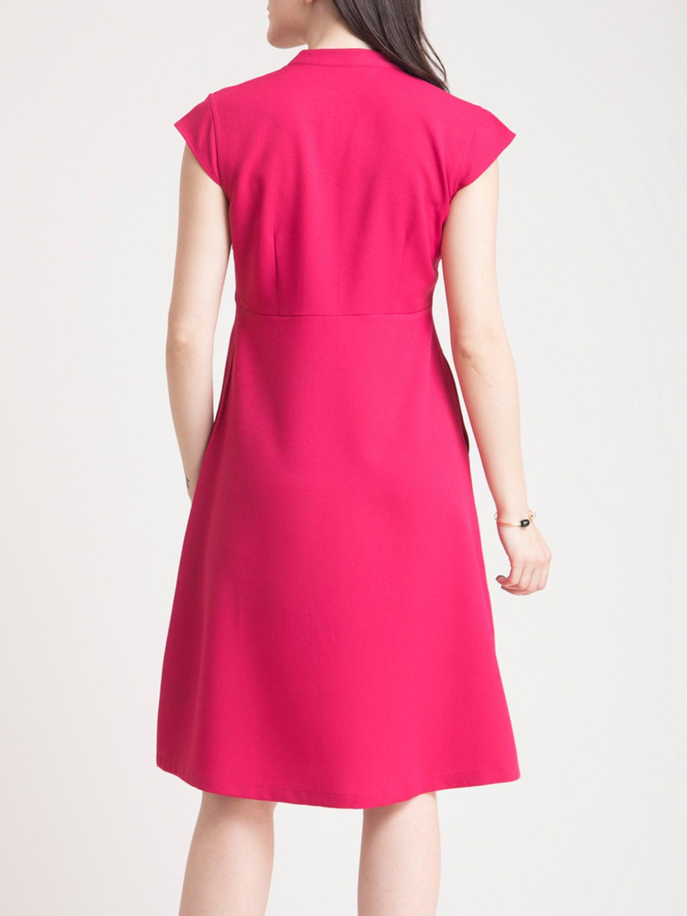 Stylised Neck Belted Fit and Flare Dress - Fuchsia Pink| Formal Dresses