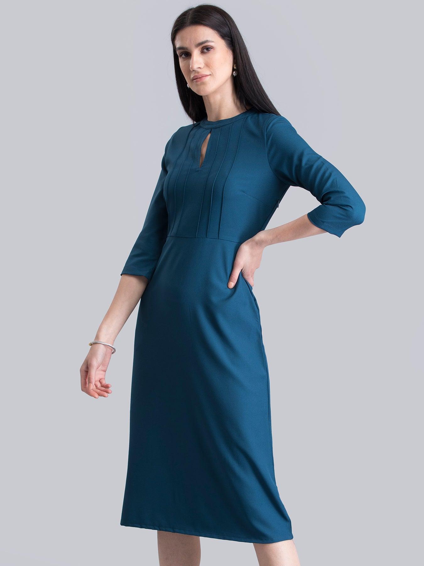 Stylised Neck Pintuck Dress - Teal| Formal Dresses