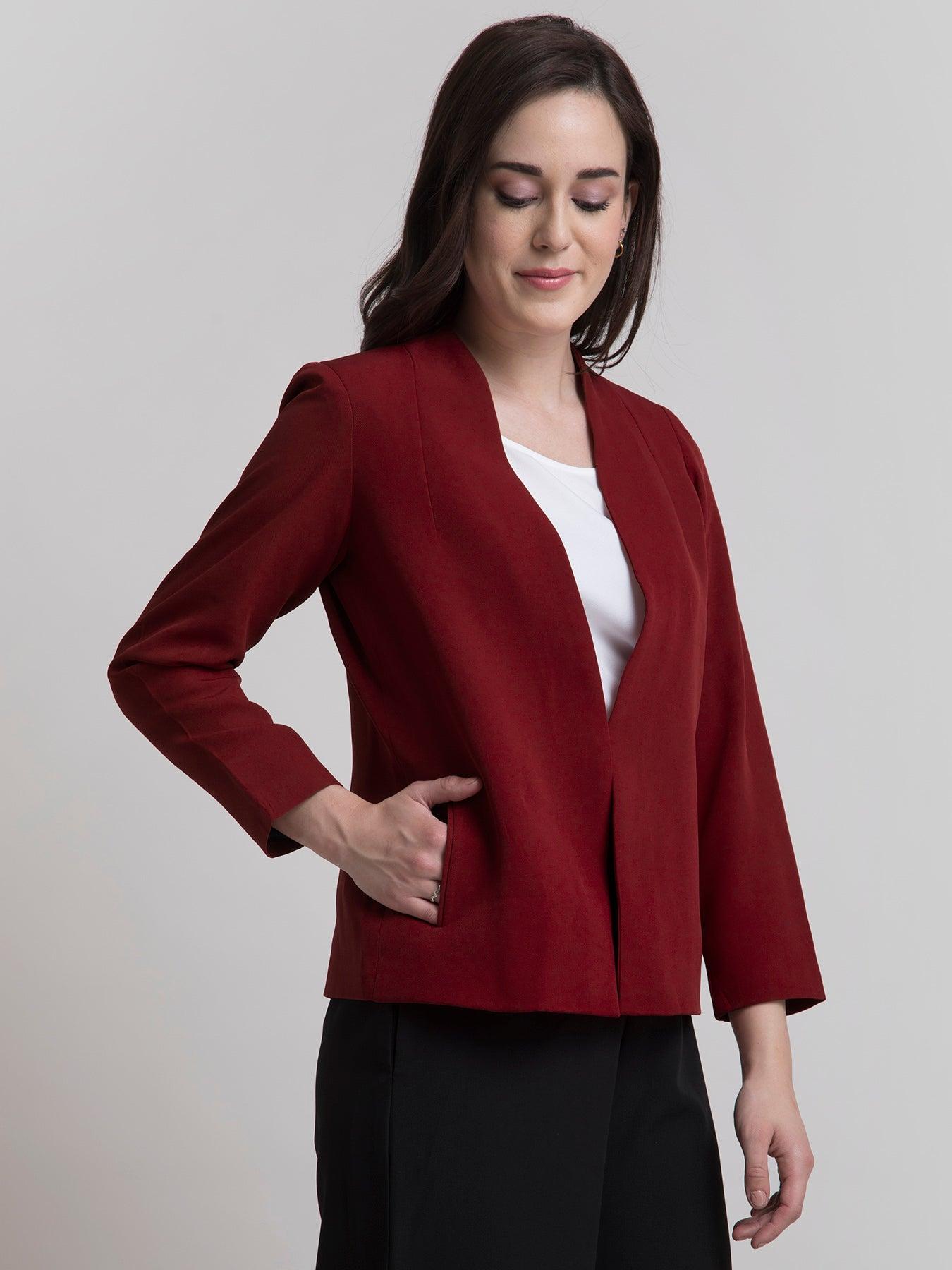 Stylish Jacket With Hook Closure - Dark Red| Formal Jackets