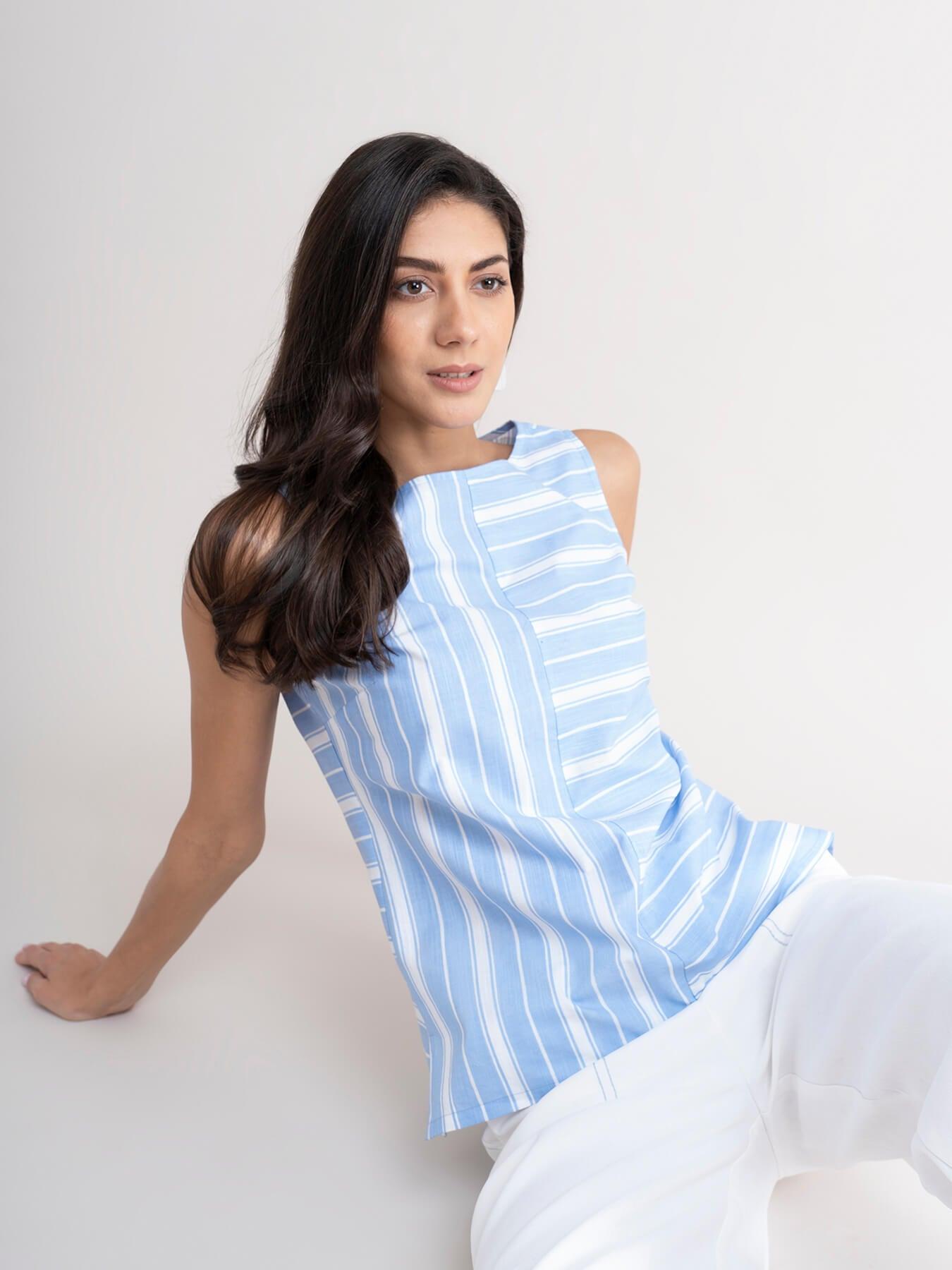 Linen Striped Top - Light Blue| Formal Tops
