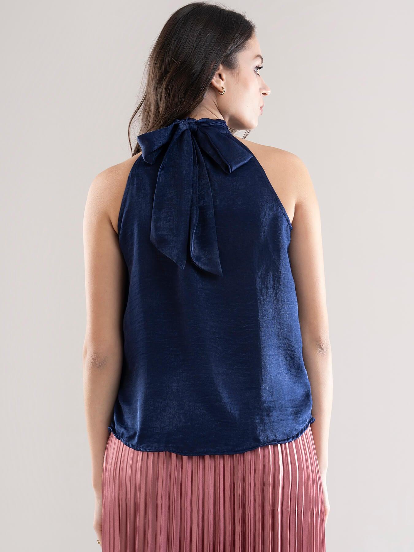 Satin Two-Way Tie Up Top - Navy Blue| Formal Tops