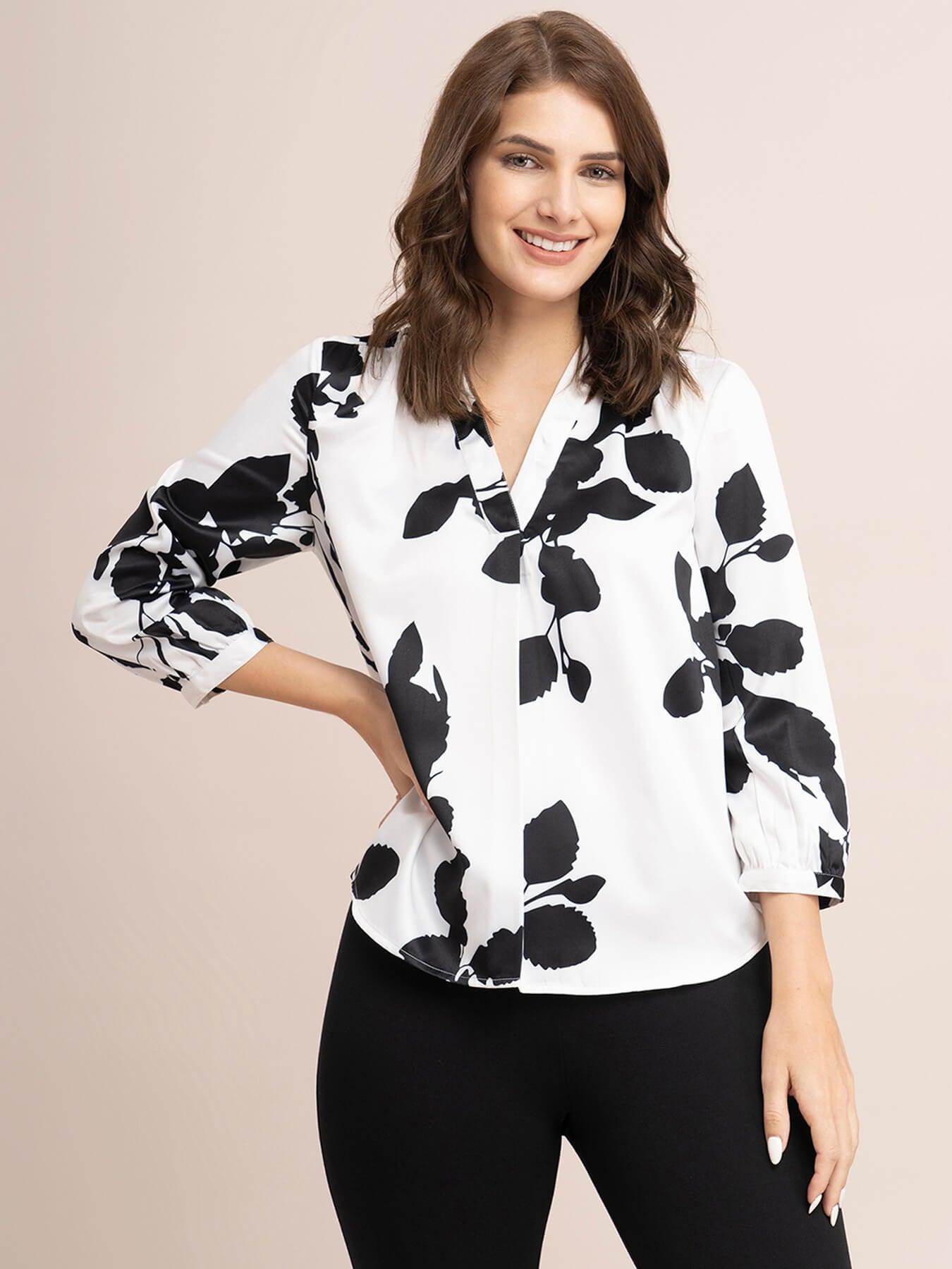 Satin Floral Print Top -  White And Black| Formal Tops