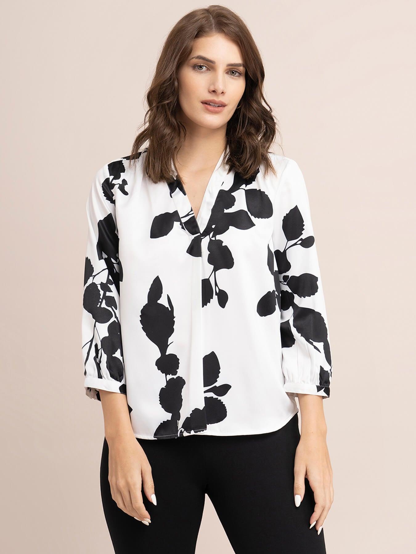 Satin Floral Print Top -  White And Black| Formal Tops