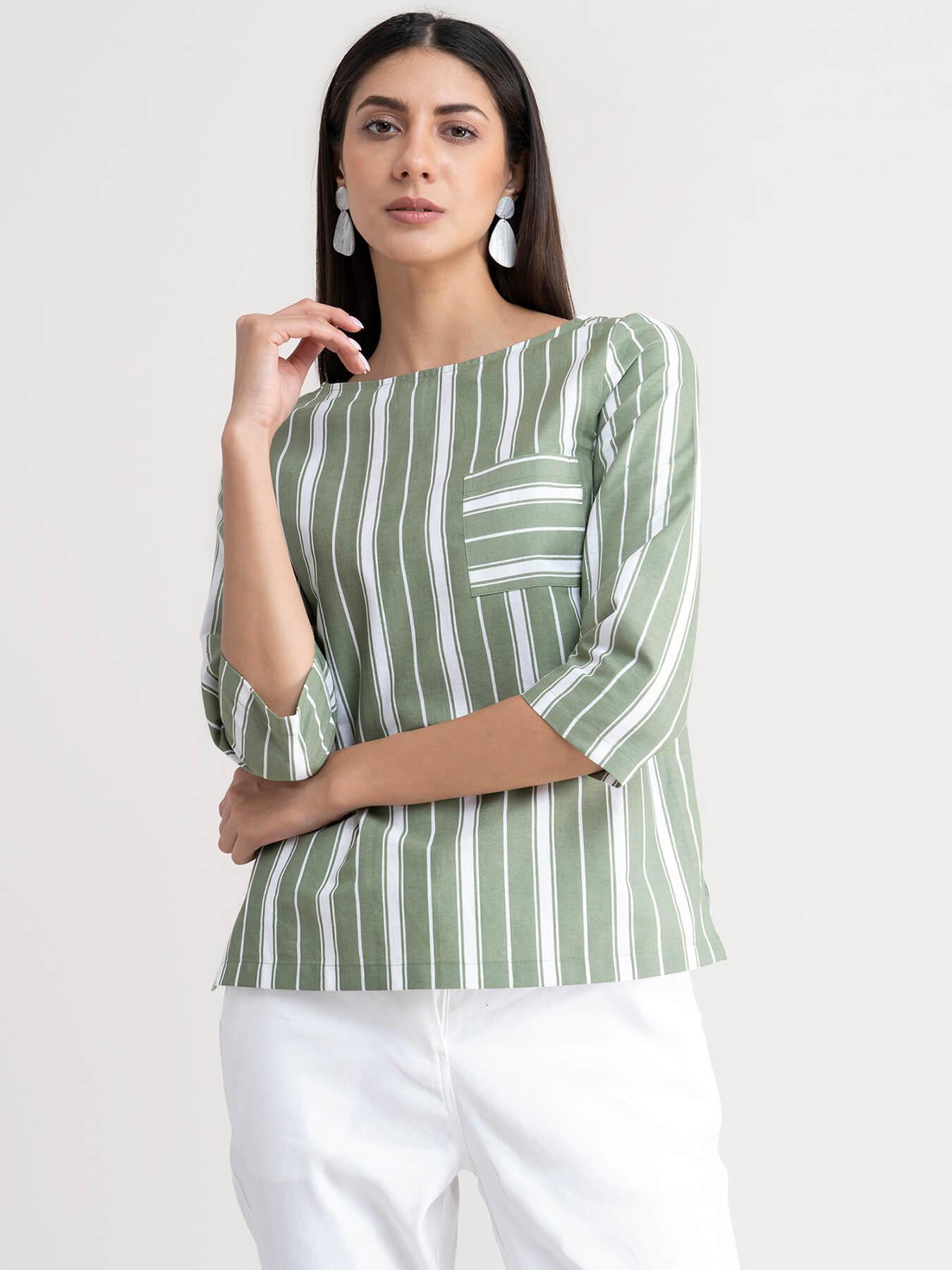 Linen Striped Top - Olive| Formal Tops
