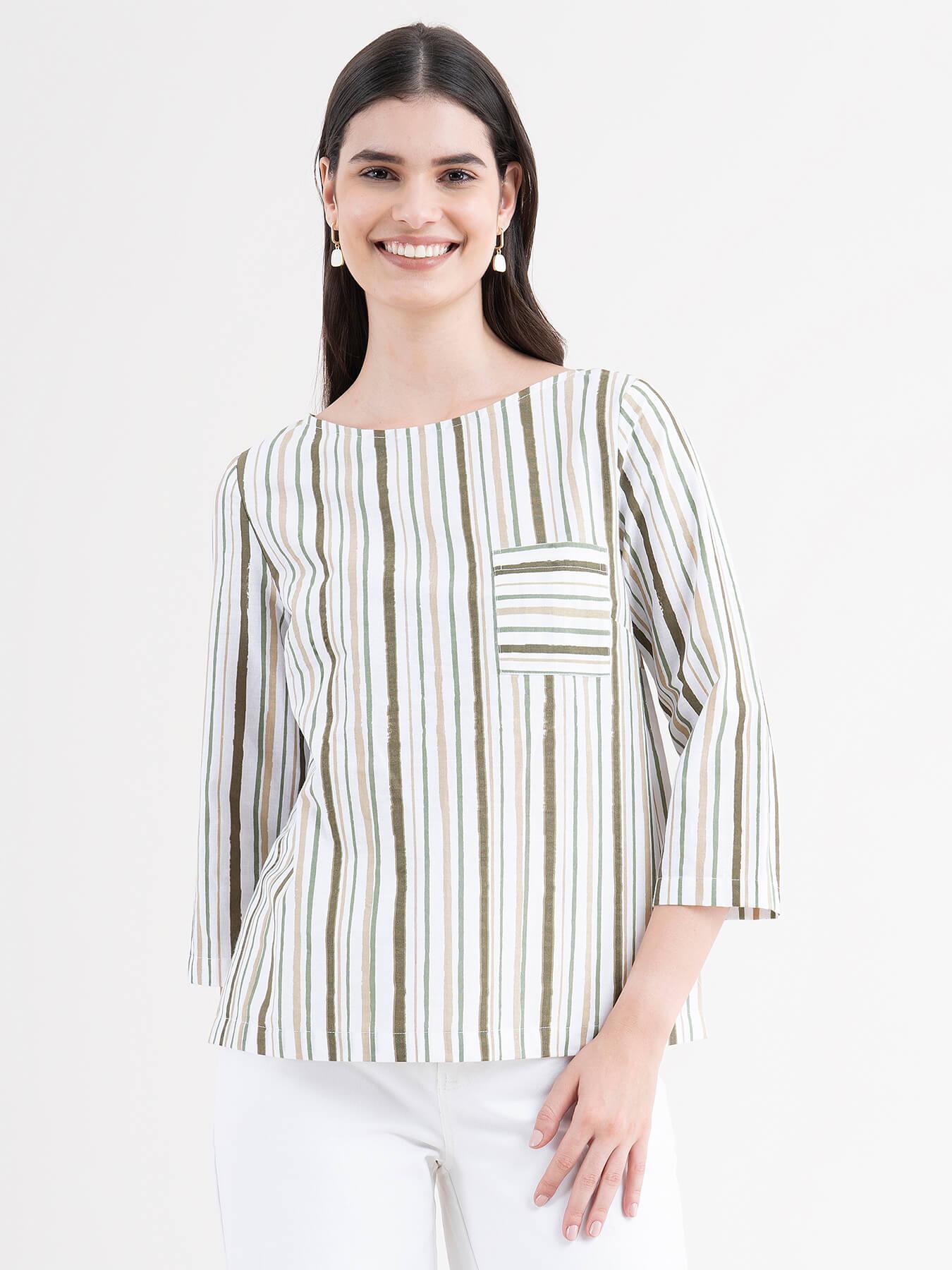 Linen Striped Top - White and Olive| Formal Tops