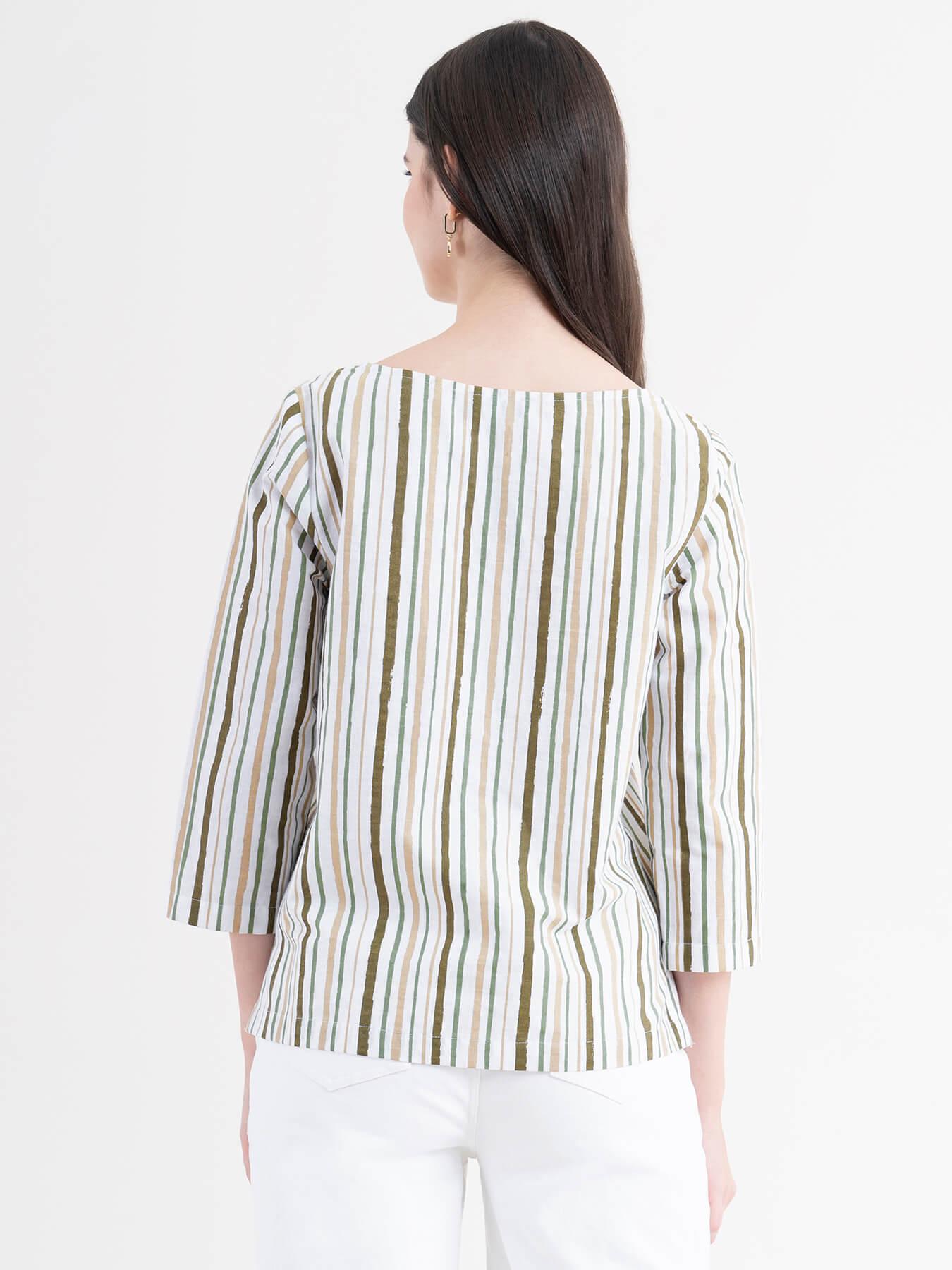 Linen Striped Top - White and Olive| Formal Tops