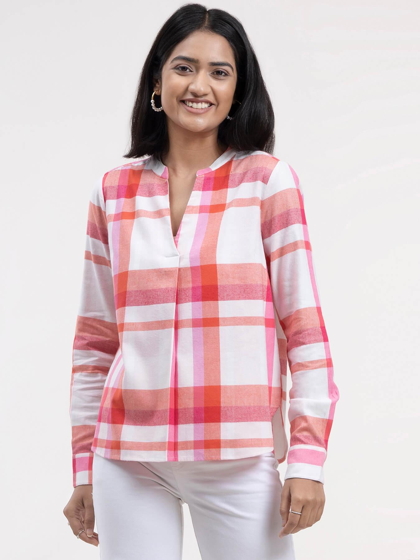Cotton Checkered Top - White and Pink| Formal Tops