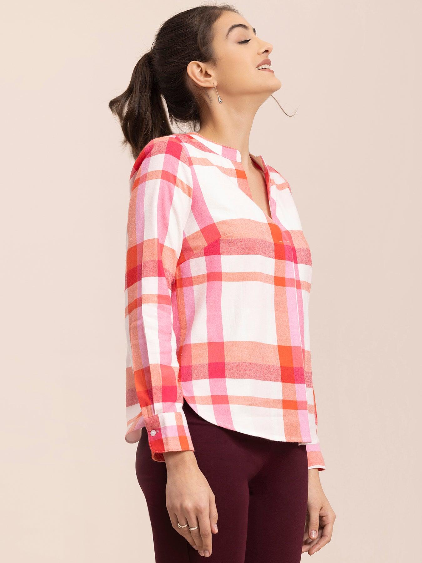 Cotton Checkered Top - White and Pink| Formal Tops