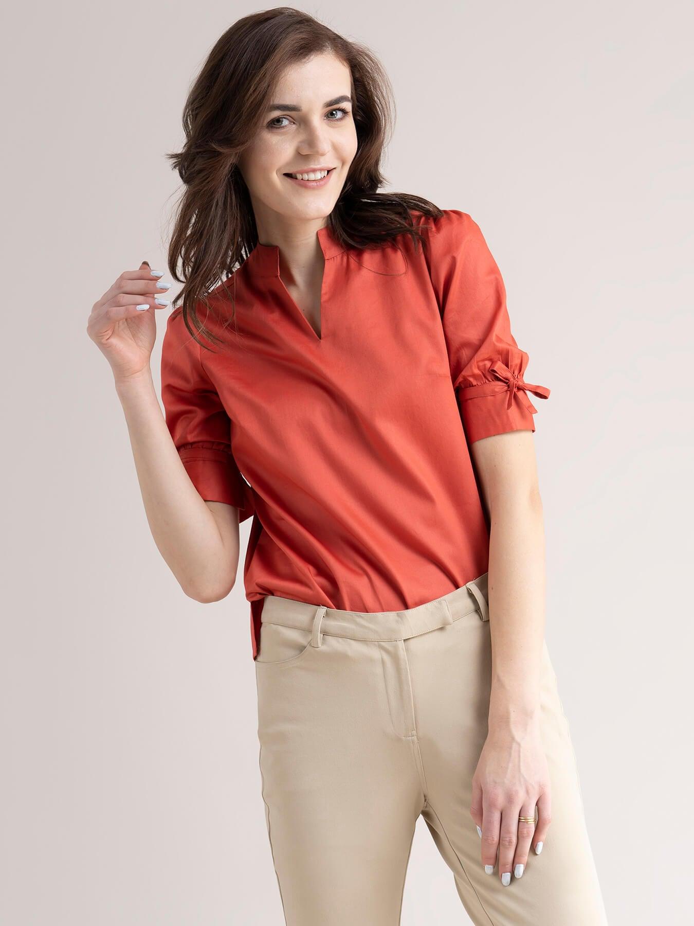 Cotton Tie-Up Sleeve Top - Coral Red| Formal Tops