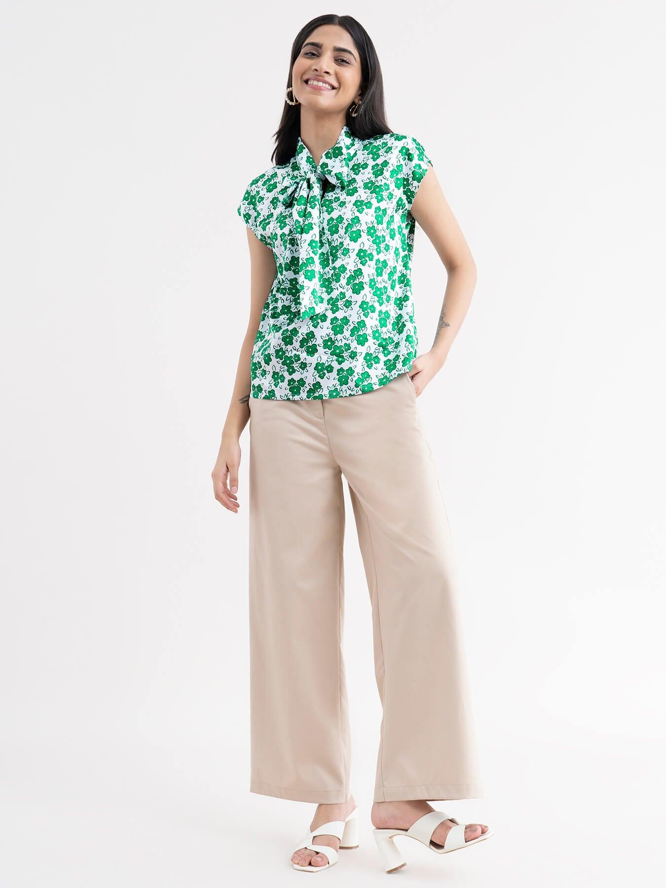 Floral Bow Detail Top - Green| Formal Tops