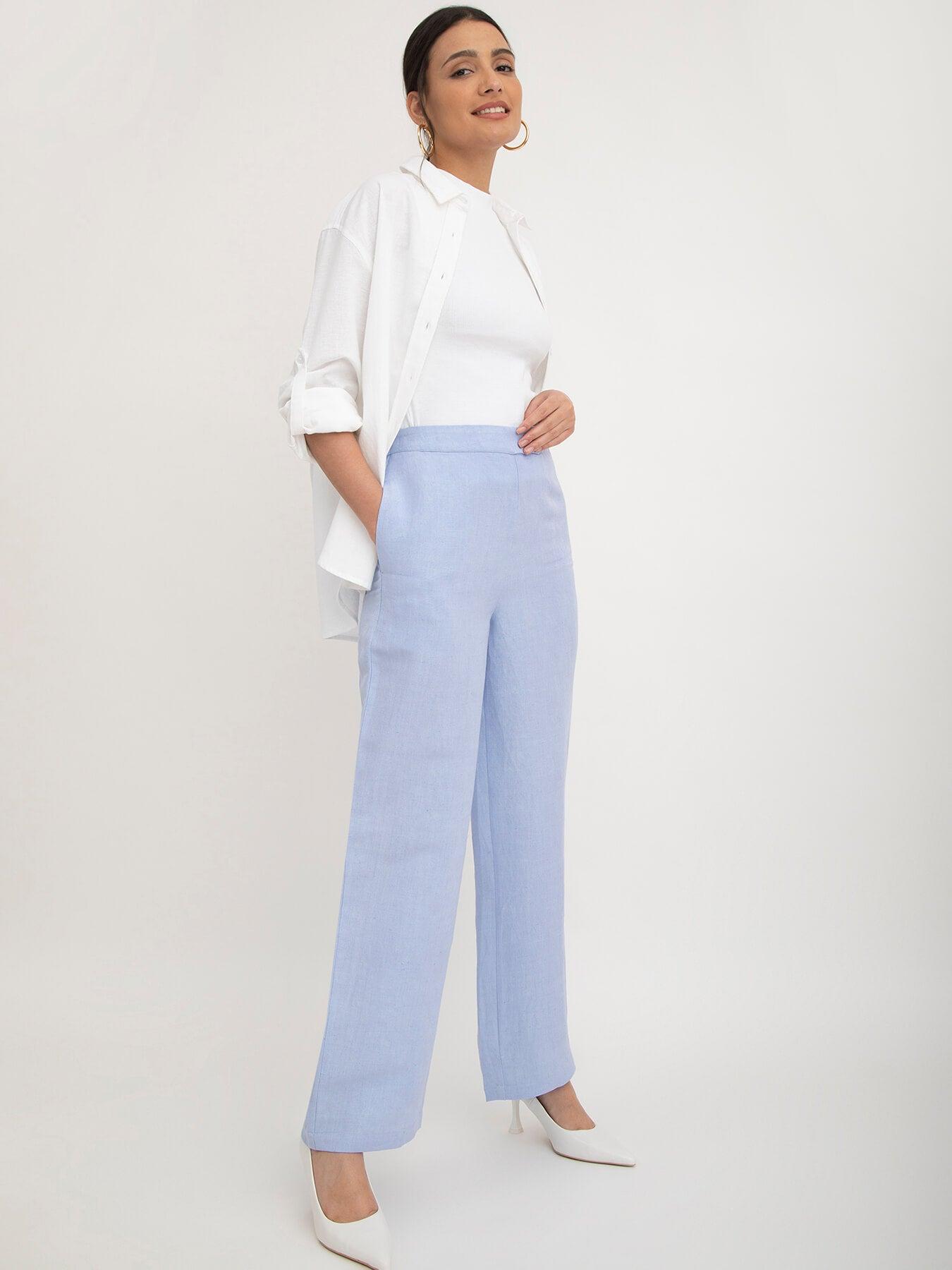 Linen Elasticated Wide Leg Trouser - Light Blue| Formal Trousers