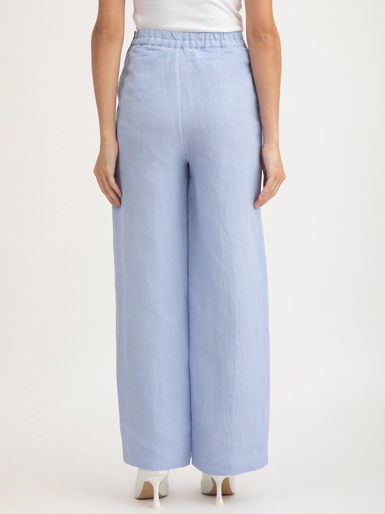 Linen Elasticated Wide Leg Trouser - Light Blue| Formal Trousers